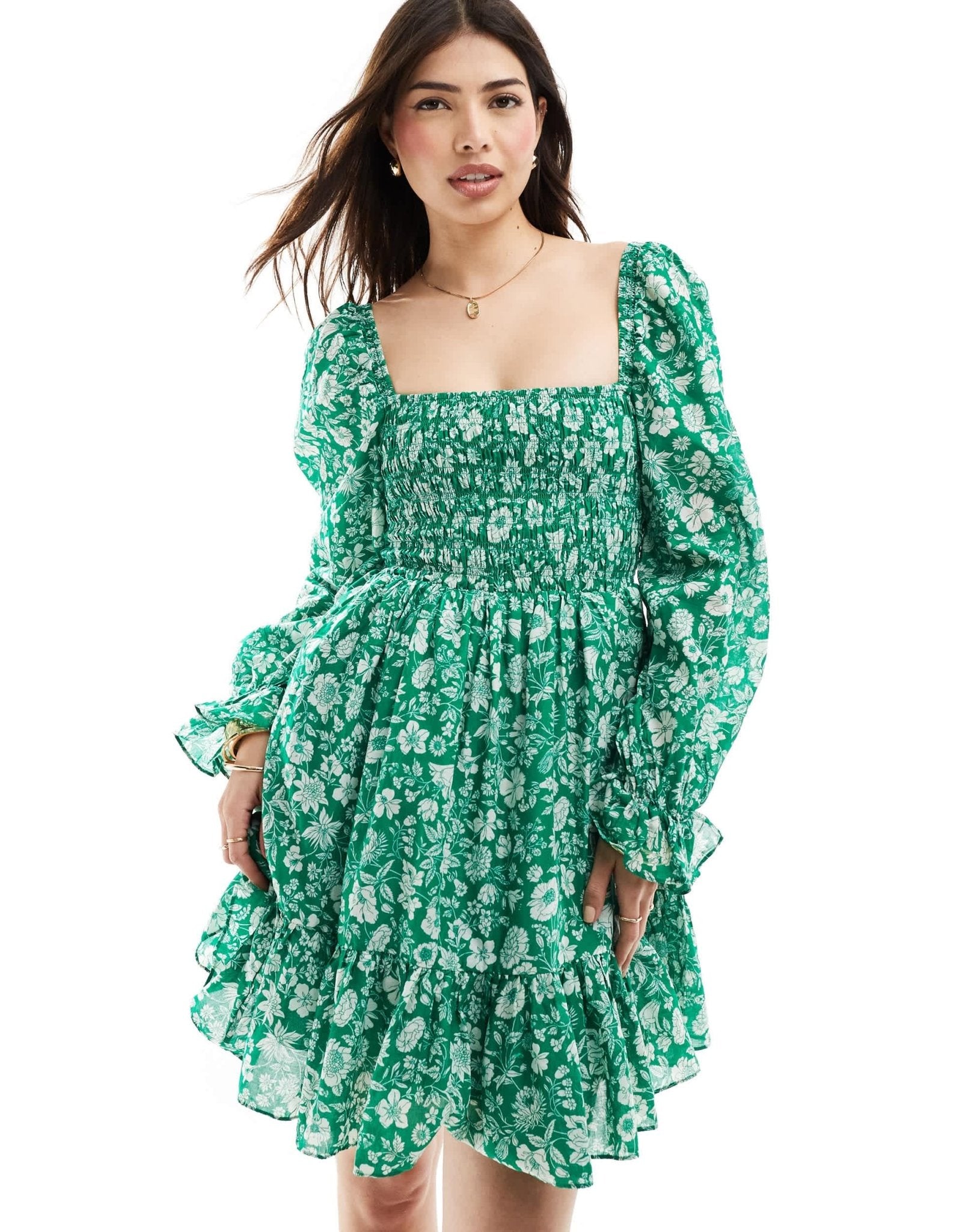 & Other Stories ruche bodice mini dress with volume sleeve and tiered hem in green floral print - ASOS Sample Sale EU Store