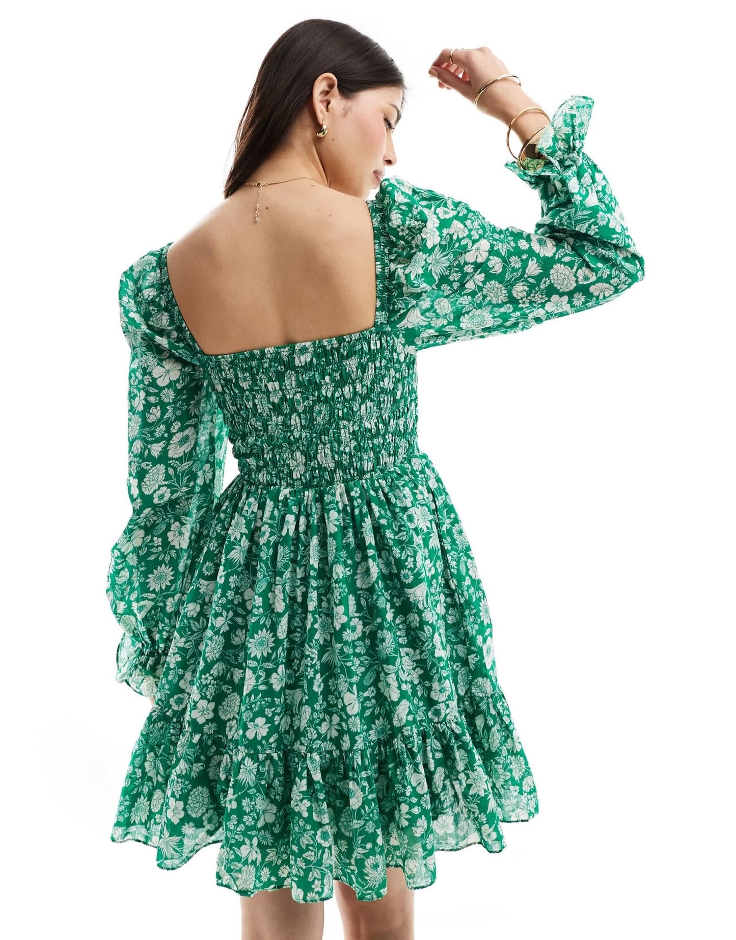 & Other Stories ruche bodice mini dress with volume sleeve and tiered hem in green floral print - ASOS Sample Sale EU Store