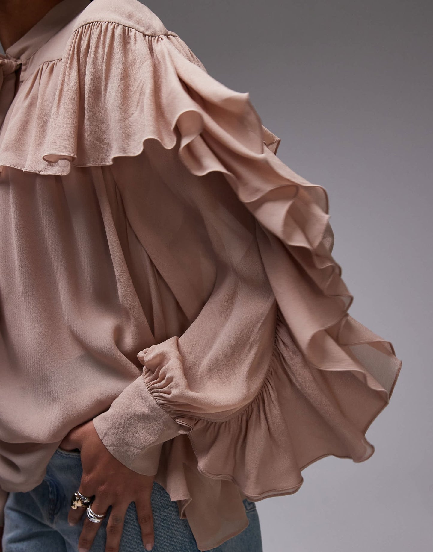 & Other Stories sheer blouse with ruffle detail and scarf neck tie in beige - ASOS Sample Sale EU Store
