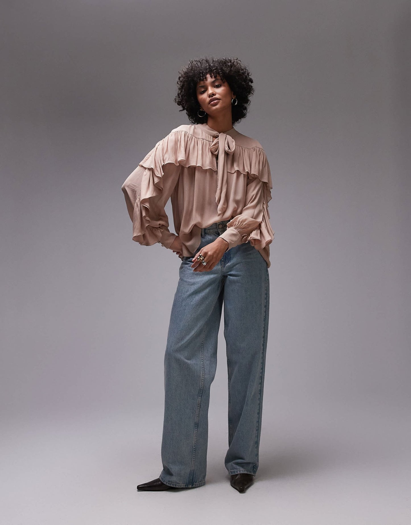 & Other Stories sheer blouse with ruffle detail and scarf neck tie in beige - ASOS Sample Sale EU Store
