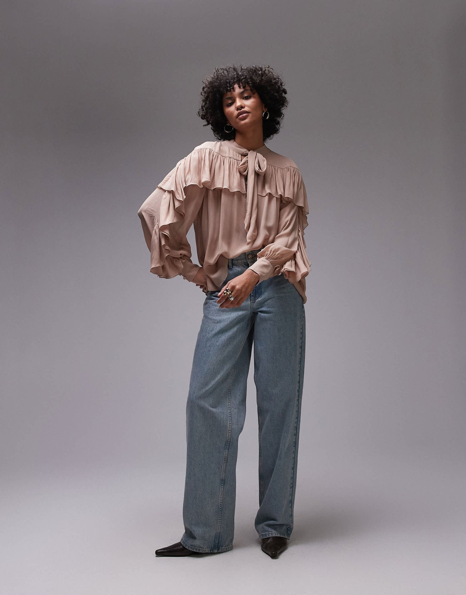 & Other Stories sheer blouse with ruffle detail and scarf neck tie in beige - ASOS Sample Sale EU Store