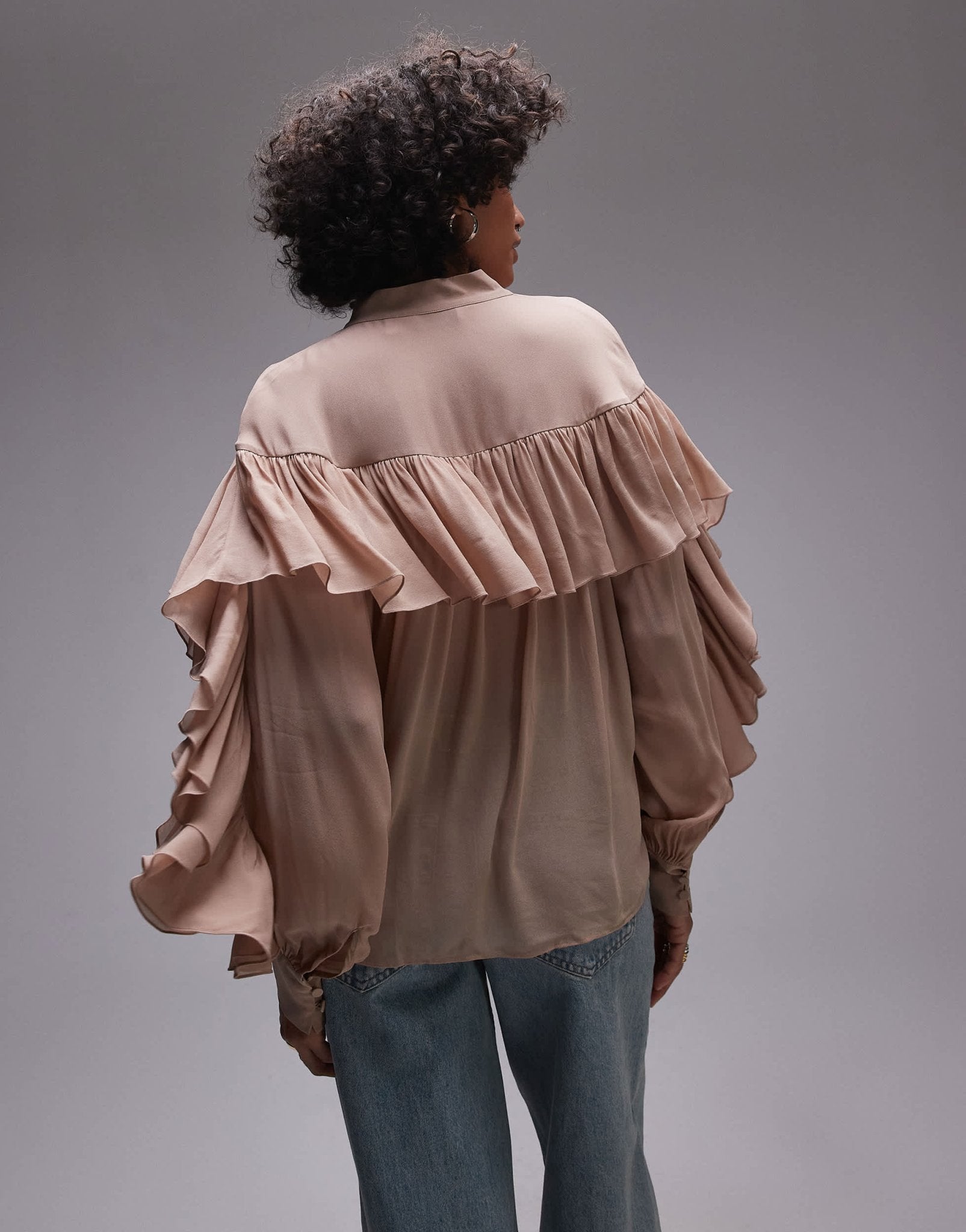 & Other Stories sheer blouse with ruffle detail and scarf neck tie in beige - ASOS Sample Sale EU Store