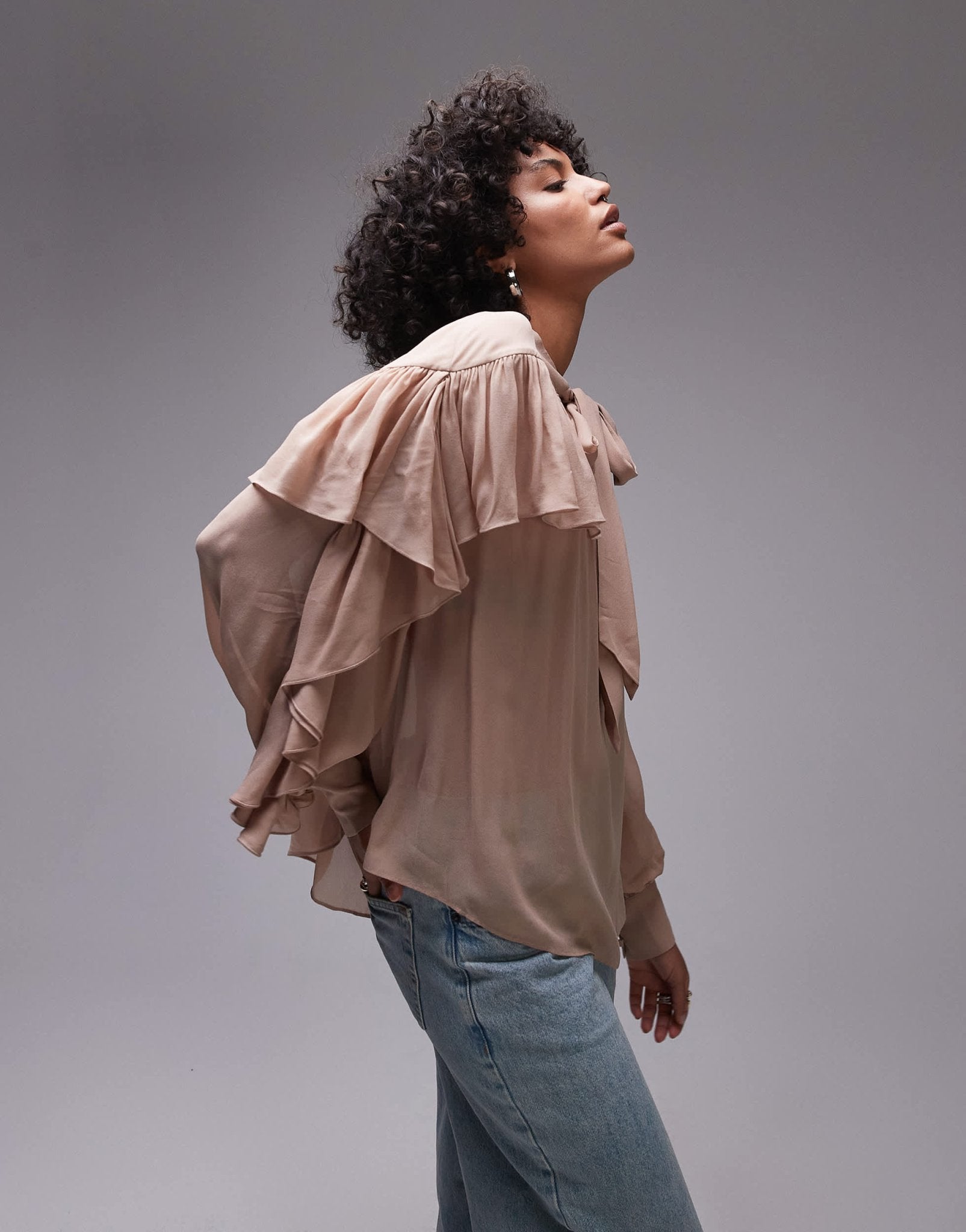 & Other Stories sheer blouse with ruffle detail and scarf neck tie in beige - ASOS Sample Sale EU Store