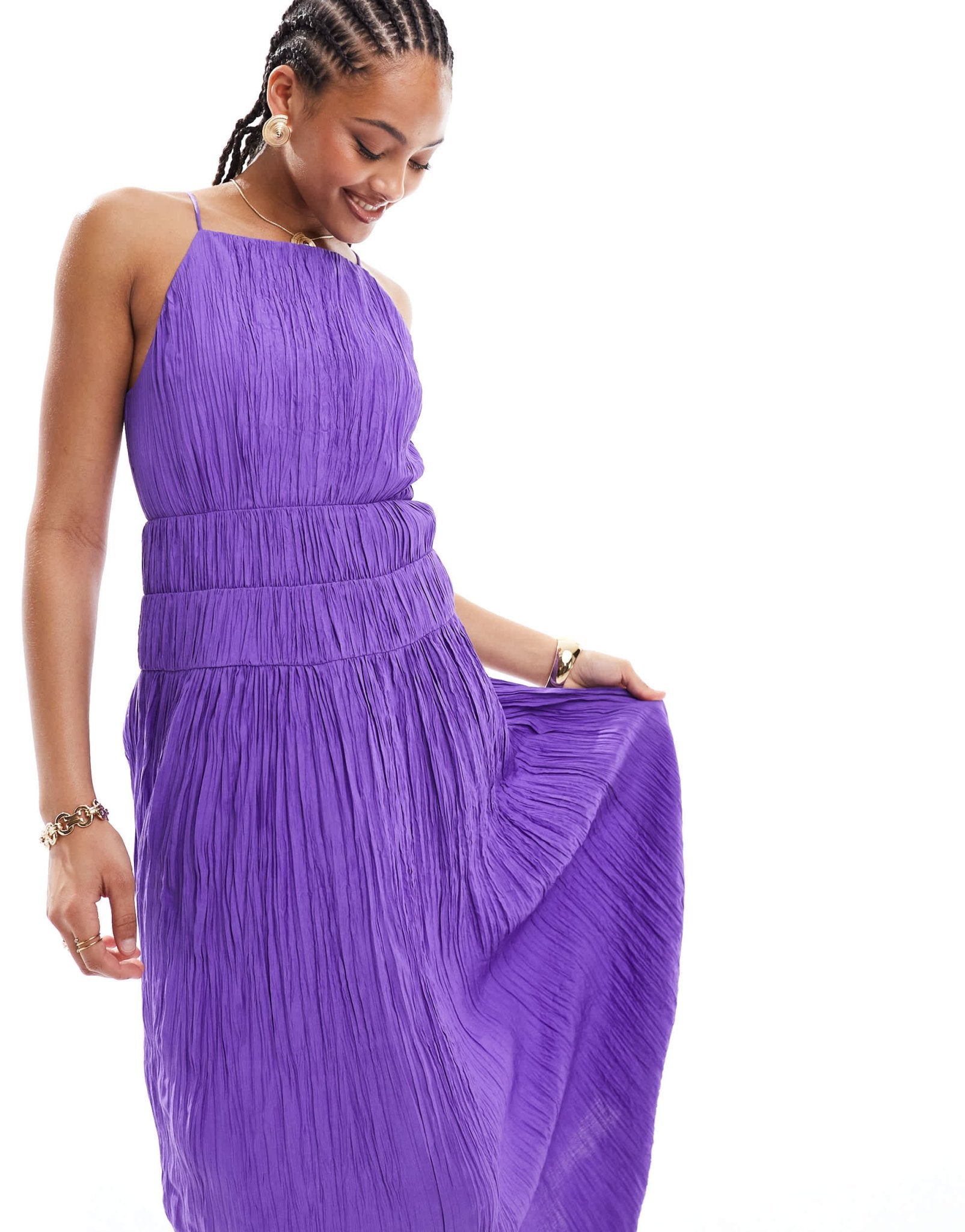 & Other Stories sleeveless midi dress with ruche and pleat detail in purple - ASOS Sample Sale EU Store