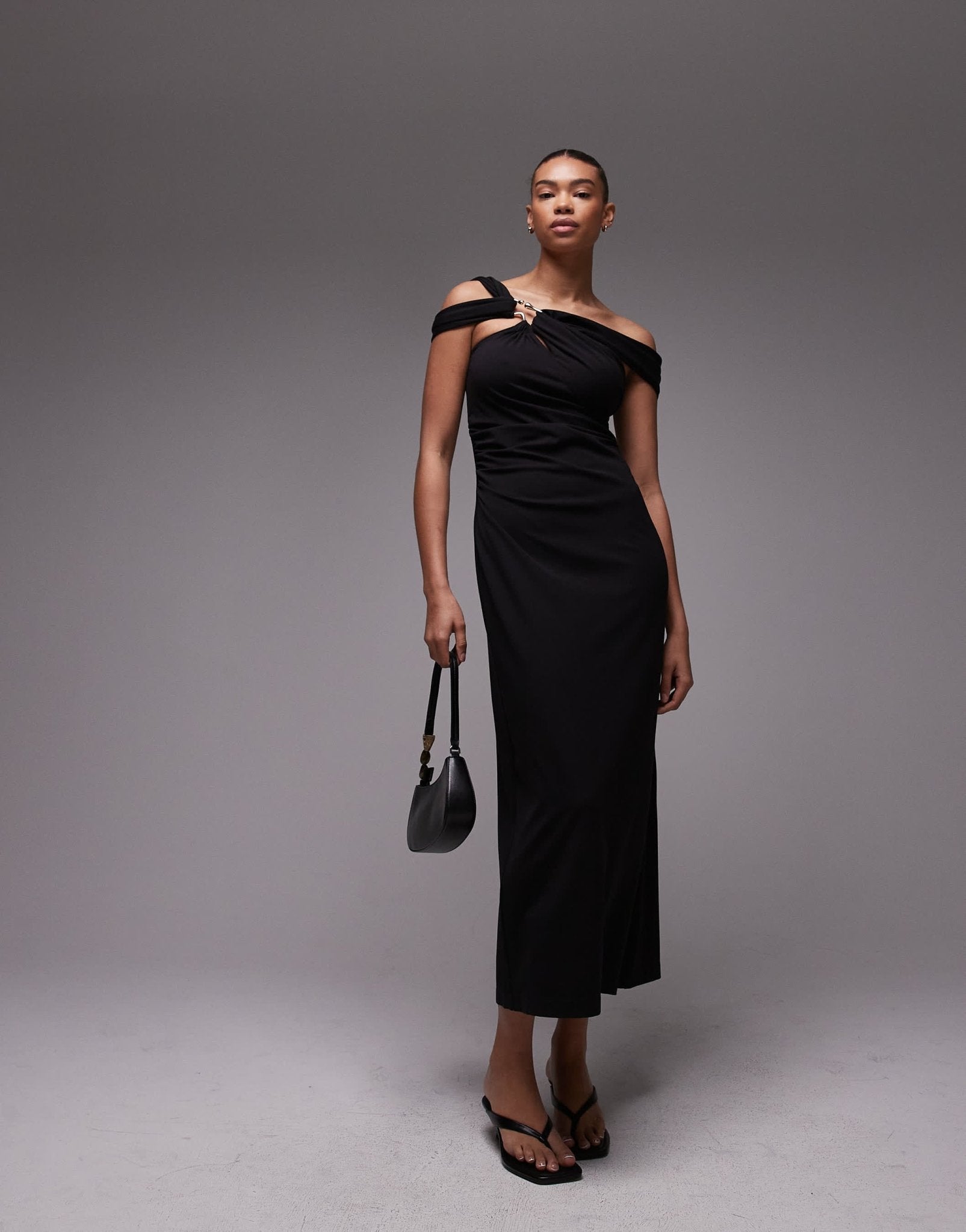 & Other Stories structured jersey midi dress with off shoulder and metal clasp in black - ASOS Sample Sale EU Store