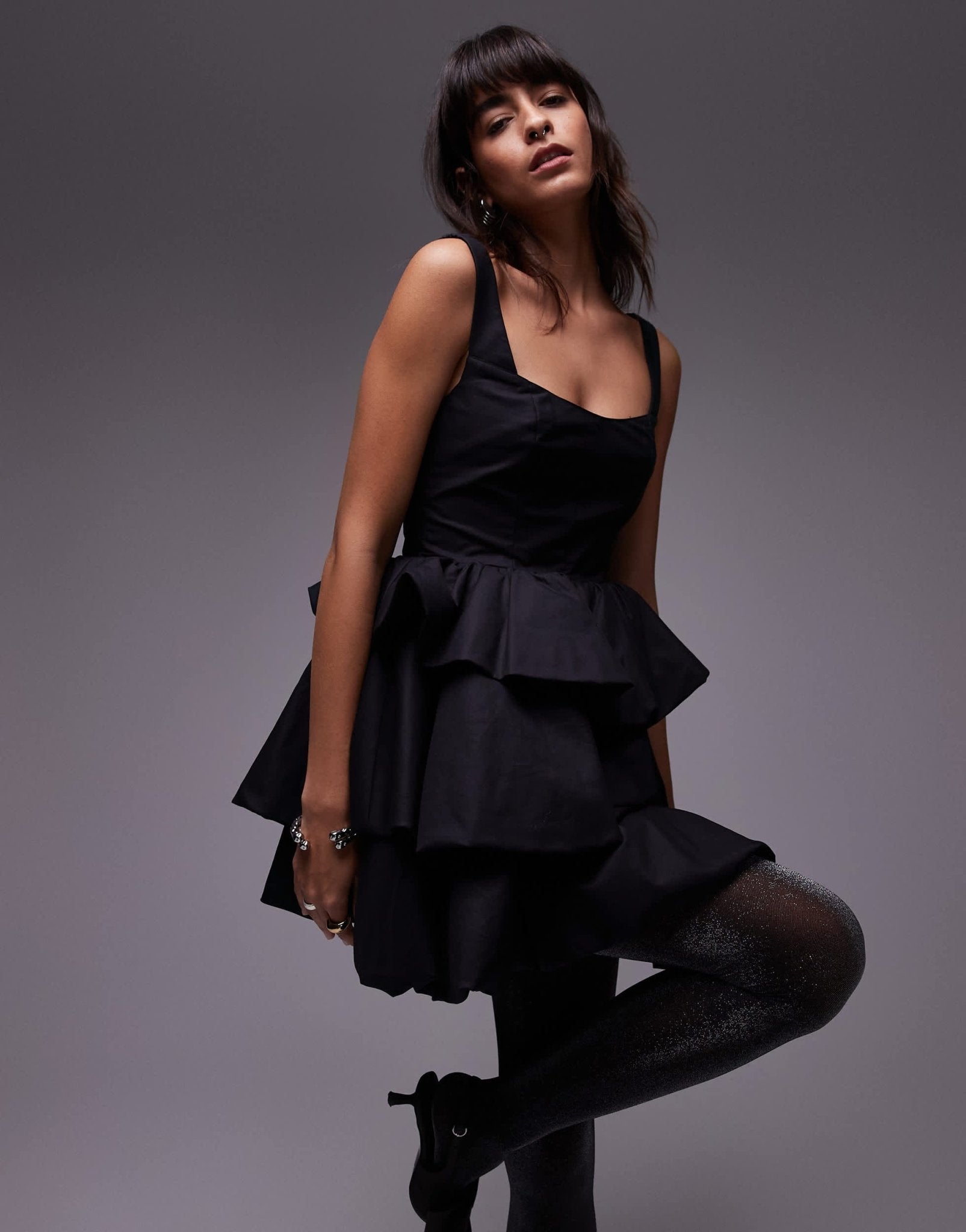 & Other Stories tiered puffball mini dress in black - ASOS Sample Sale EU Store