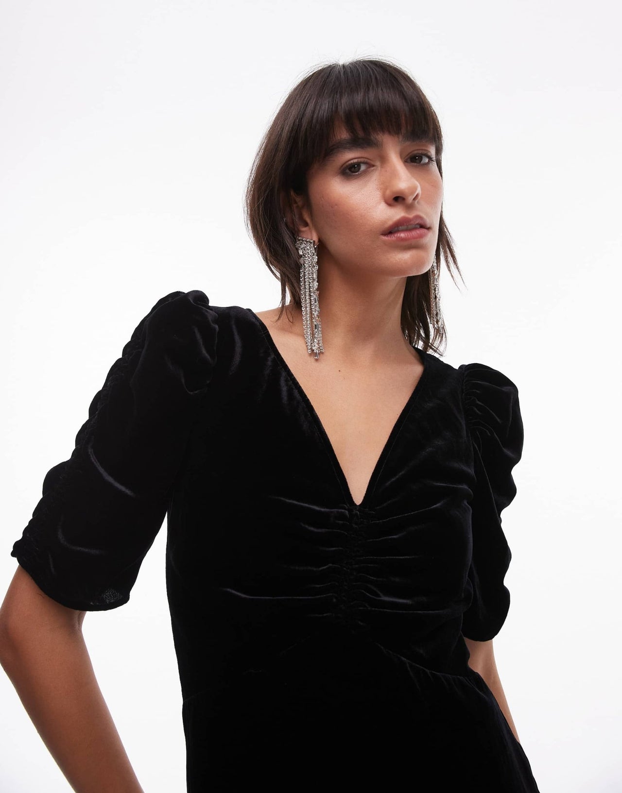 & Other Stories velvet mini dress with ruche front bodice and puff sleeves in black - ASOS Sample Sale EU Store