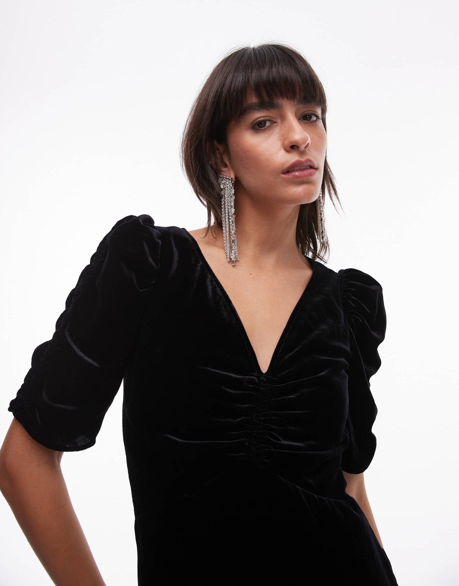 & Other Stories velvet mini dress with ruche front bodice and puff sleeves in black - ASOS Sample Sale EU Store