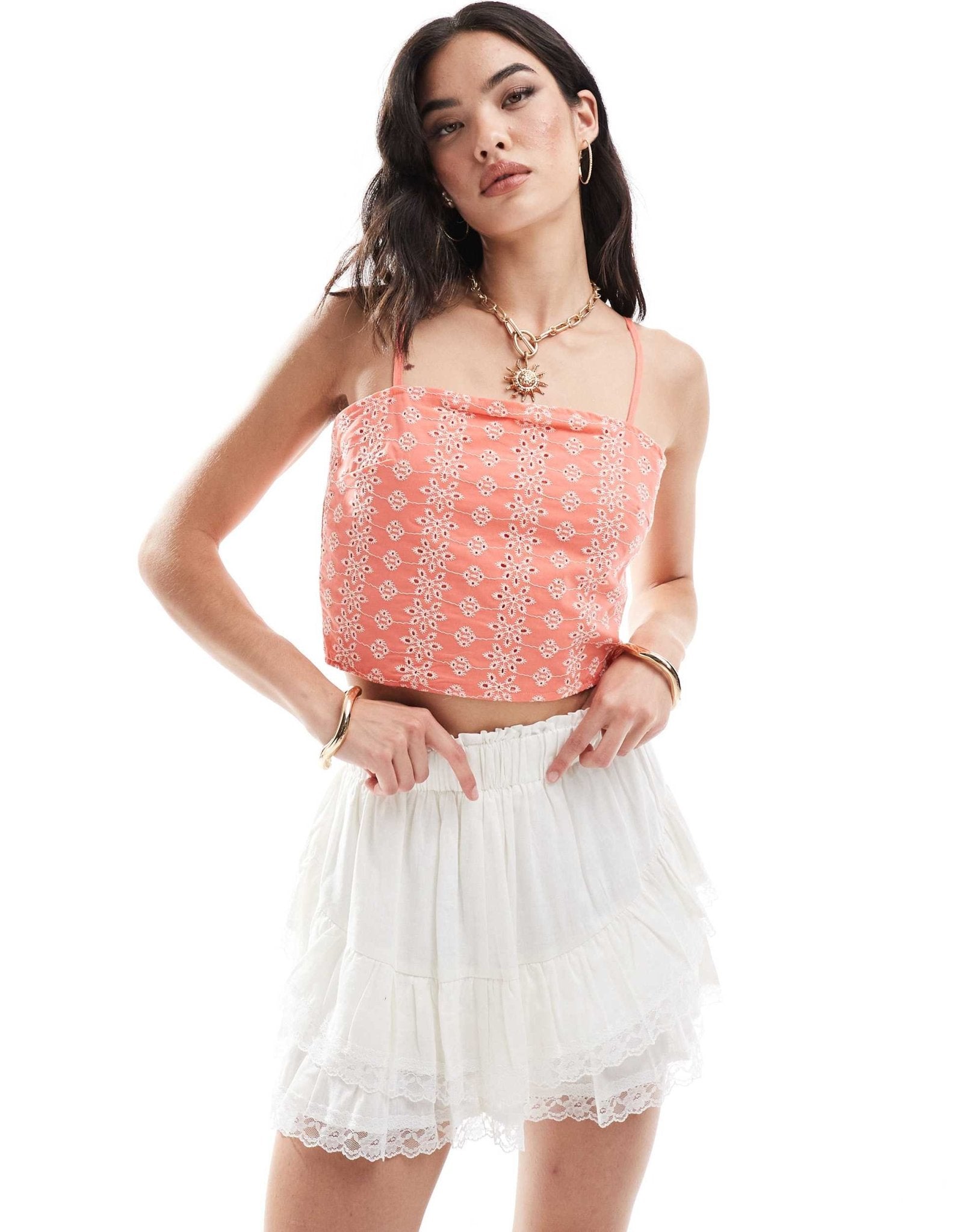 Pieces broderie tie back crop cami top in coral - ASOS Sample Sale EU Store