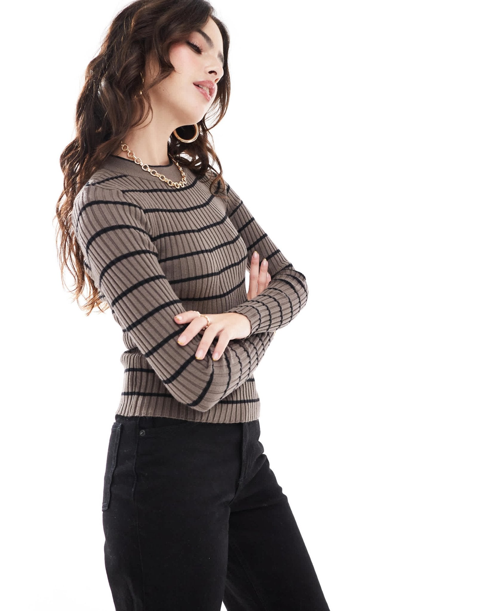 Pieces chunky ribbed knit long sleeve top in brown stripe - ASOS Sample Sale EU Store