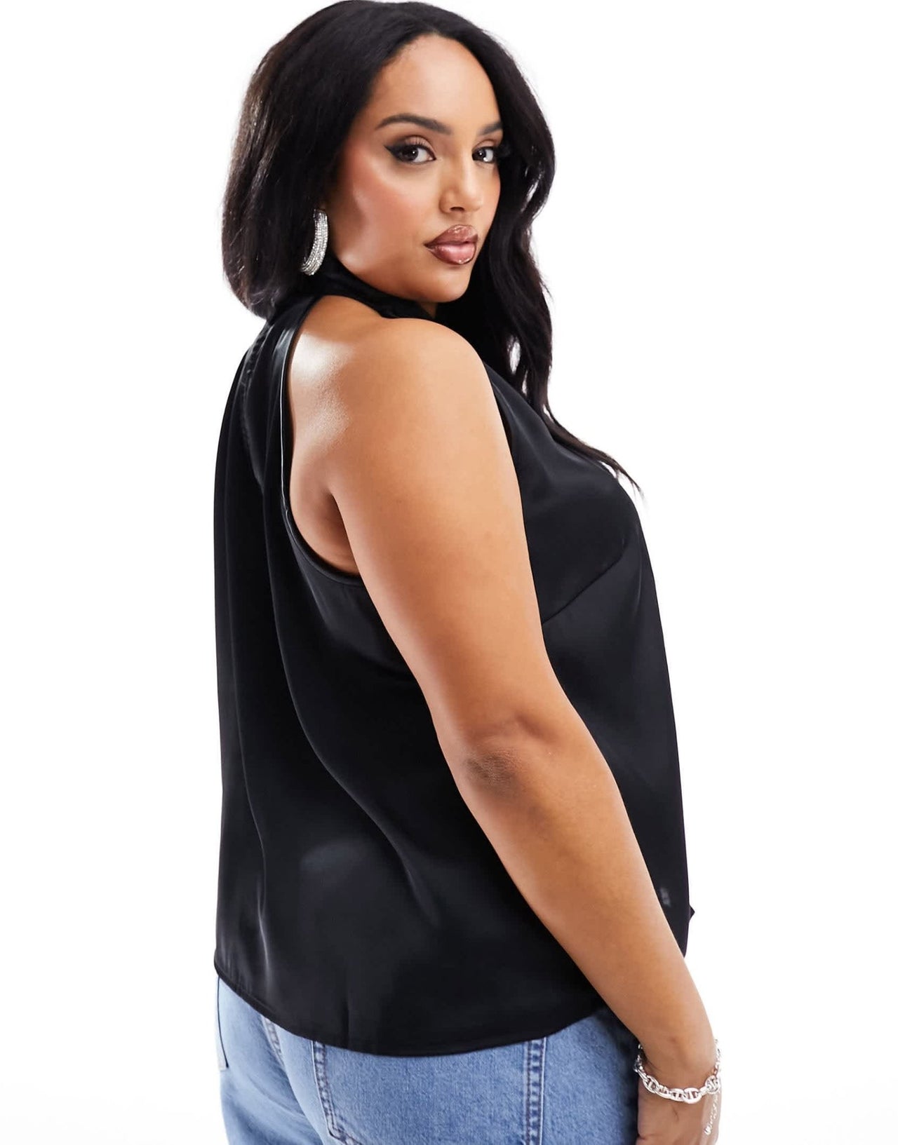 Pieces Curve high neck satin key hole detail top in black - ASOS Sample Sale EU Store