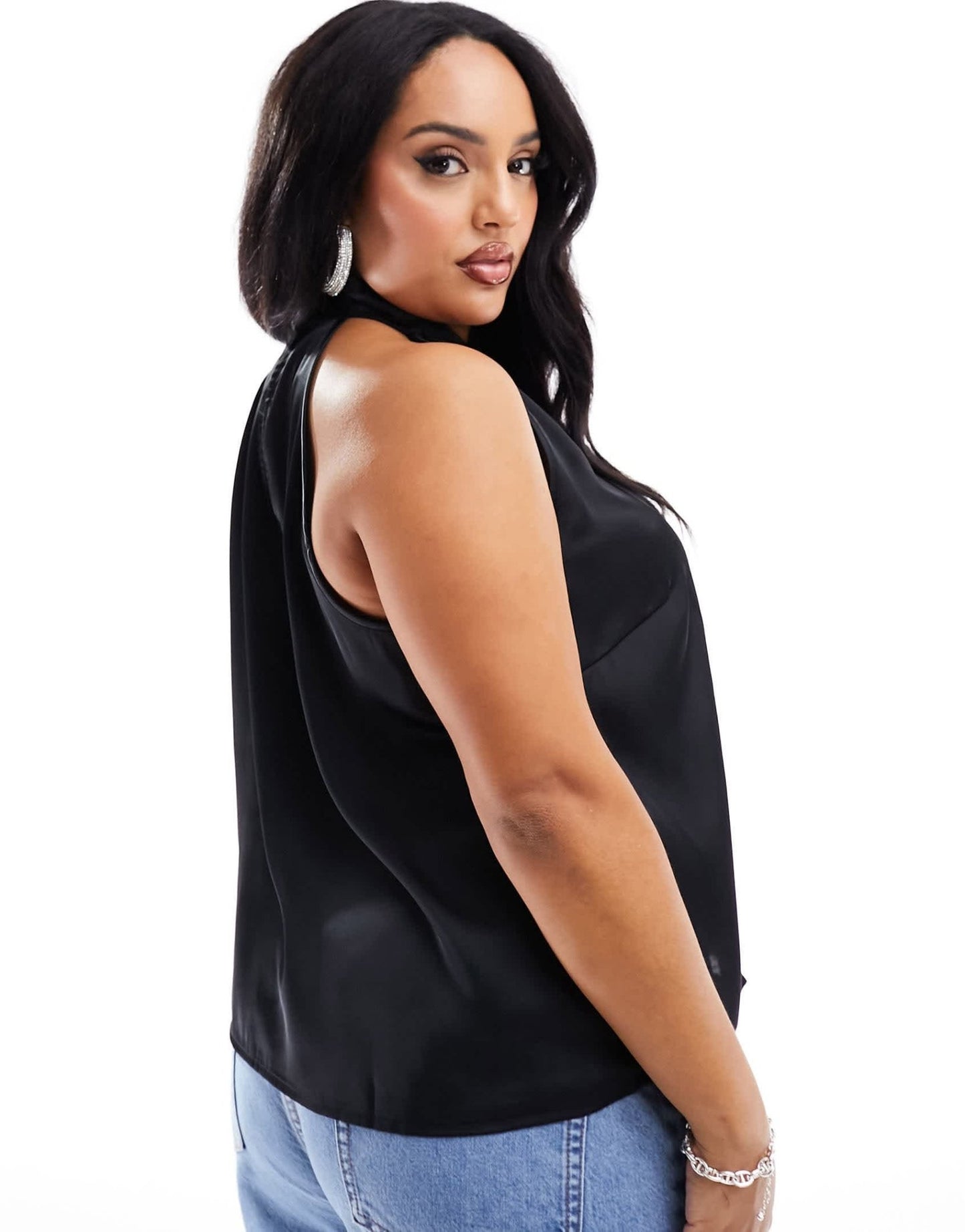 Pieces Curve high neck satin key hole detail top in black - ASOS Sample Sale EU Store