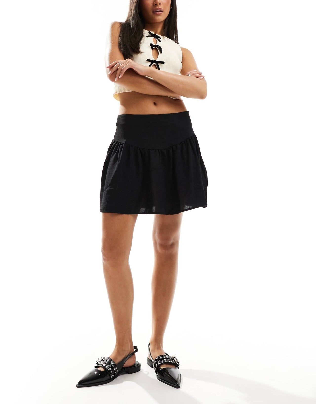 Pieces dipped yoke ruched mini skirt in black - ASOS Sample Sale EU Store