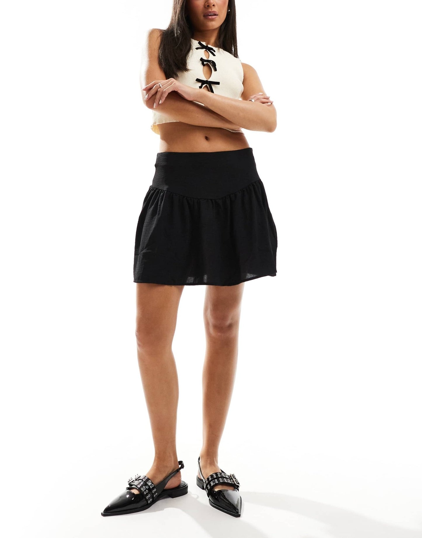 Pieces dipped yoke ruched mini skirt in black - ASOS Sample Sale EU Store