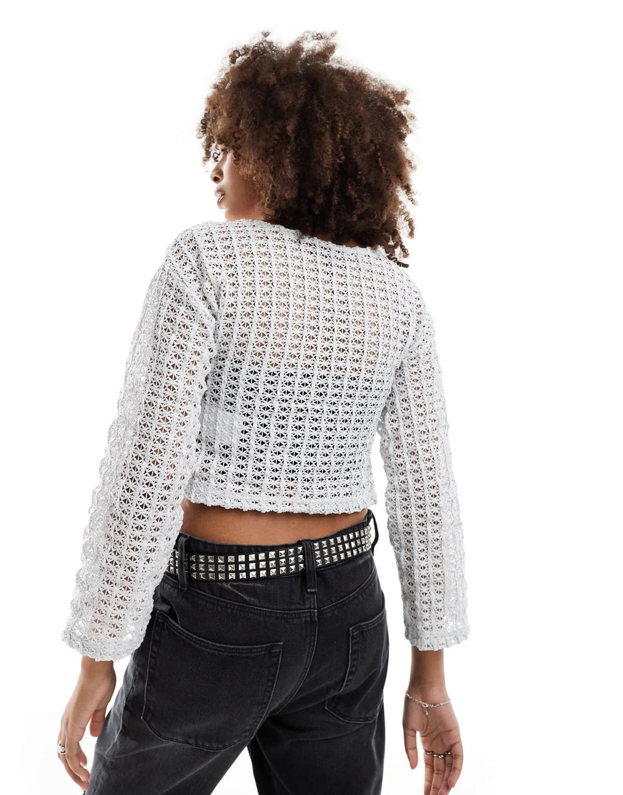 Pieces Festival two tone crochet wide sleeve top with in metallic silver - ASOS Sample Sale EU Store