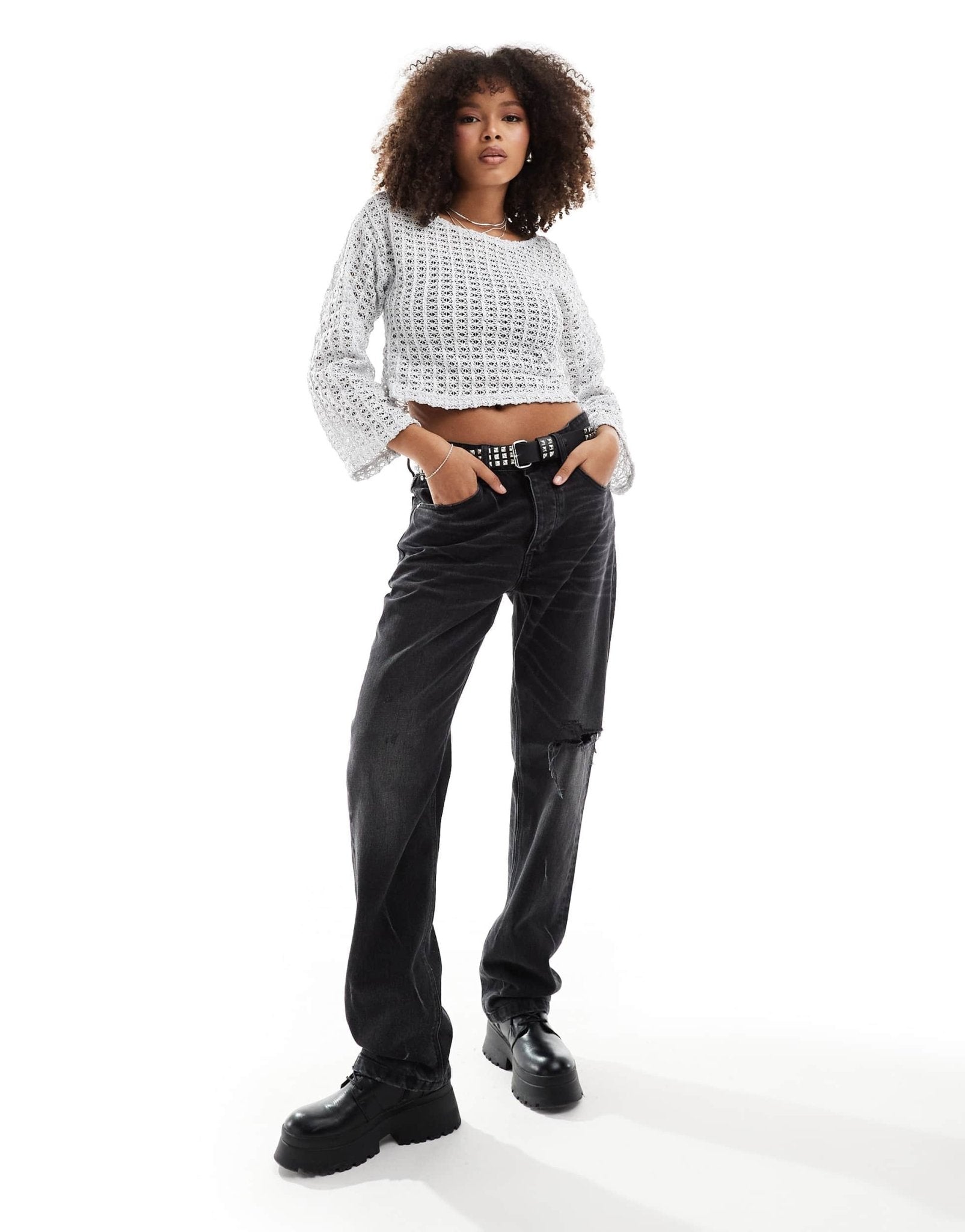 Pieces Festival two tone crochet wide sleeve top with in metallic silver - ASOS Sample Sale EU Store