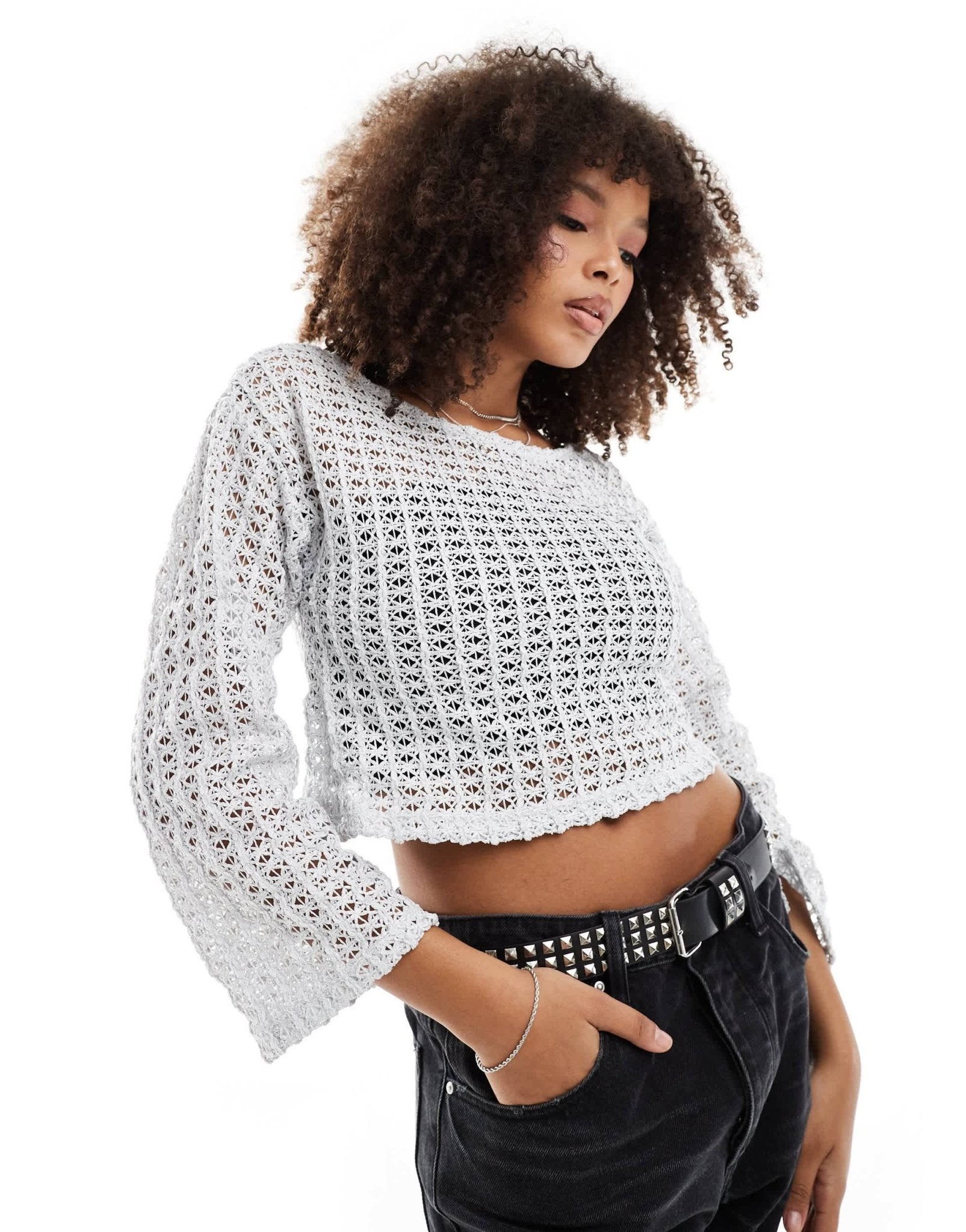 Pieces Festival two tone crochet wide sleeve top with in metallic silver - ASOS Sample Sale EU Store
