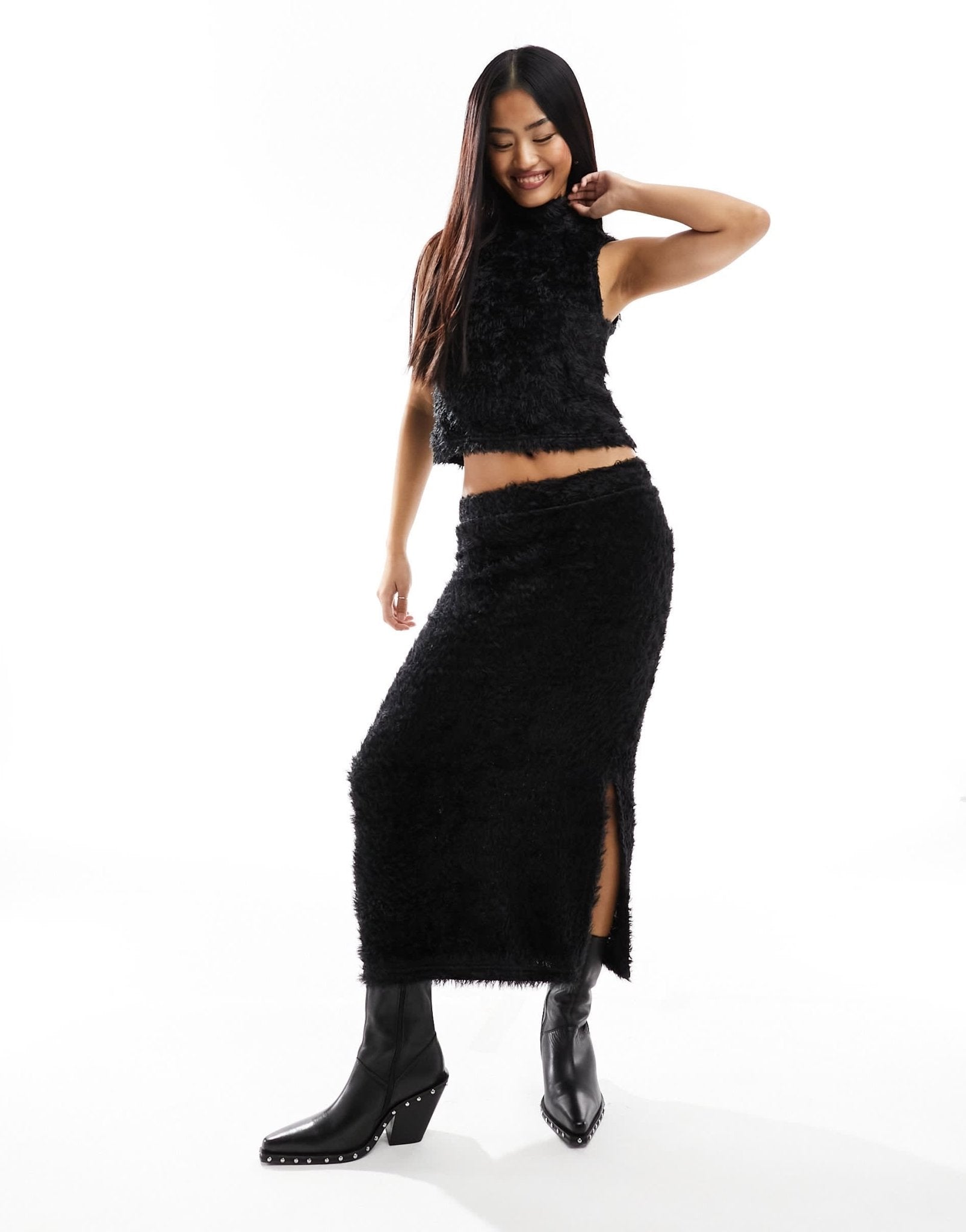 Pieces fluffy knit midi skirt co - ord in black - ASOS Sample Sale EU Store