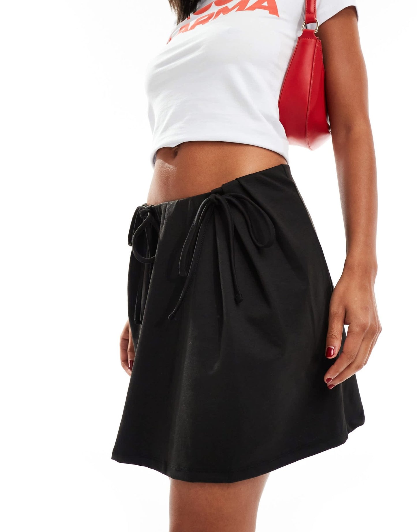 Pieces high waisted mini skirt with tie side detail in black - ASOS Sample Sale EU Store