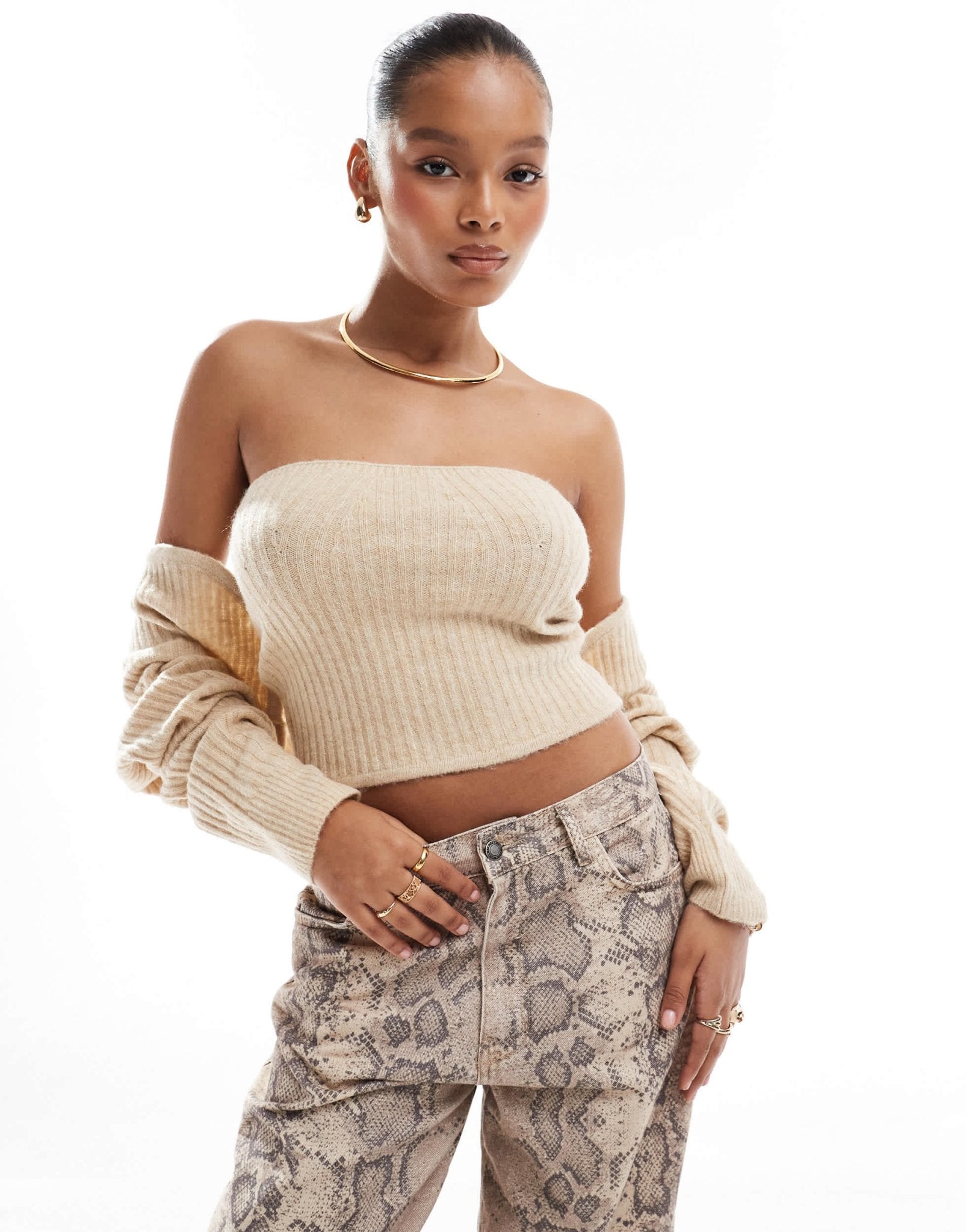 Pieces knitted tube top co - ord in cream melange - ASOS Sample Sale EU Store
