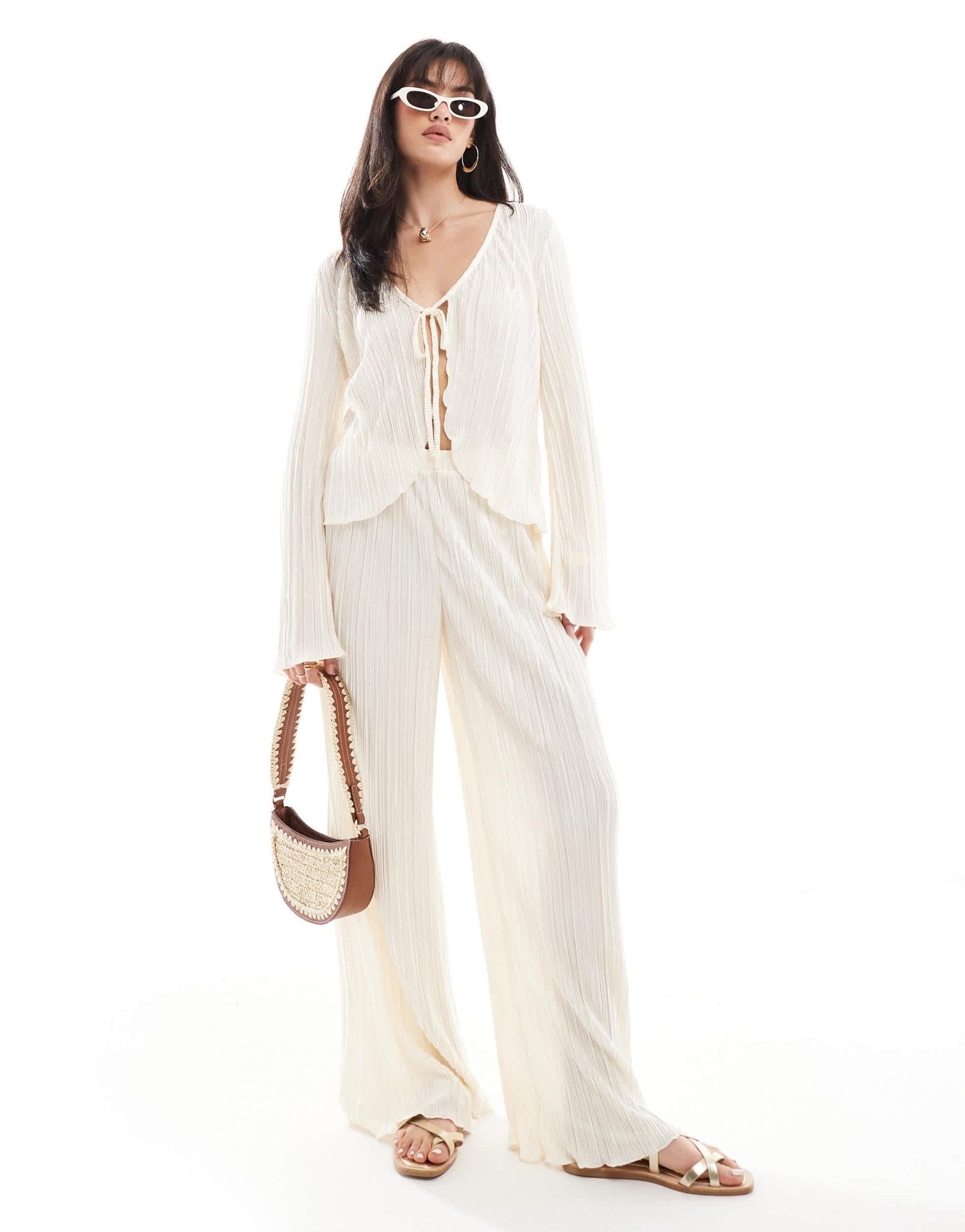 Pieces mix and match plisse wide leg trouser co - ord in cream - ASOS Sample Sale EU Store