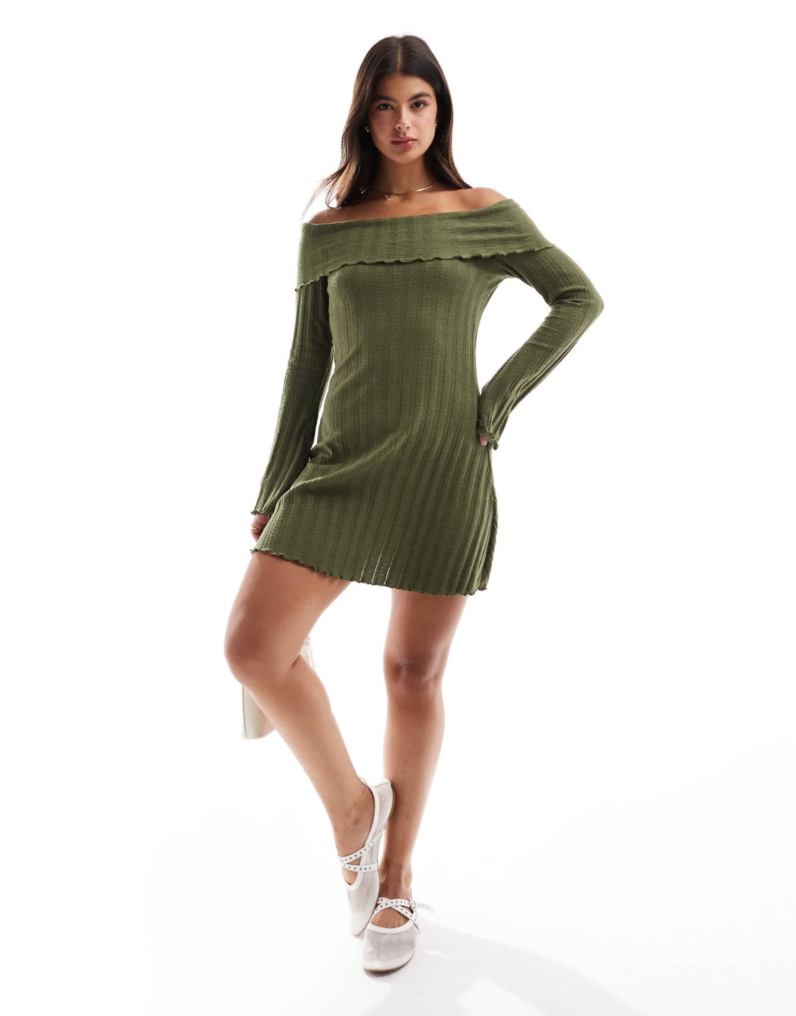 Pieces off the shoulder ribbed mini dress with lettuce edge detail in khaki - ASOS Sample Sale EU Store