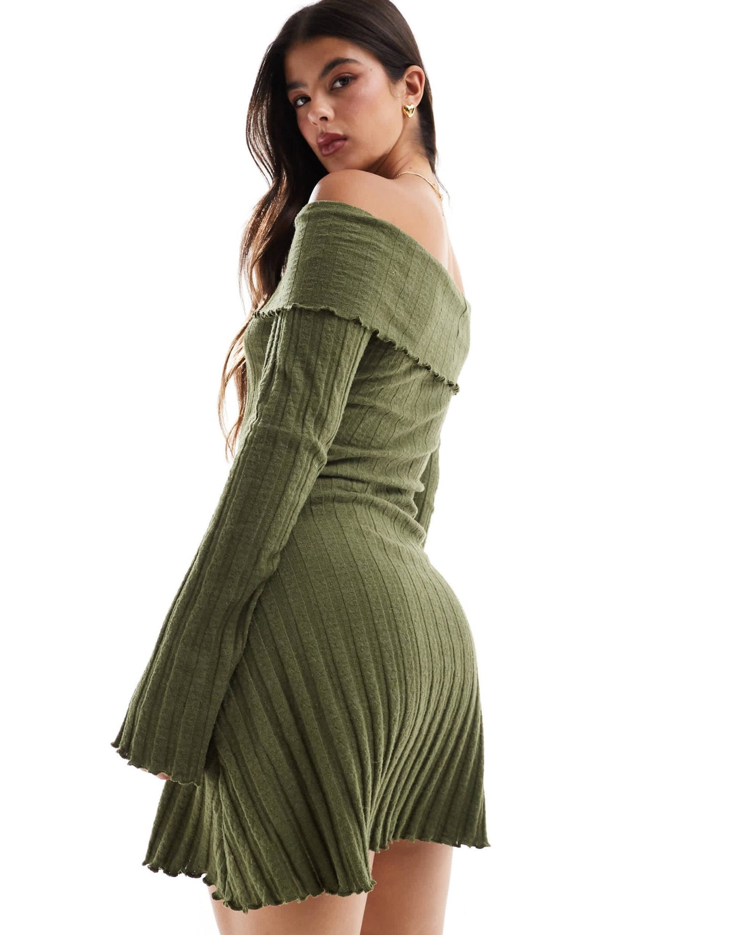 Pieces off the shoulder ribbed mini dress with lettuce edge detail in khaki - ASOS Sample Sale EU Store