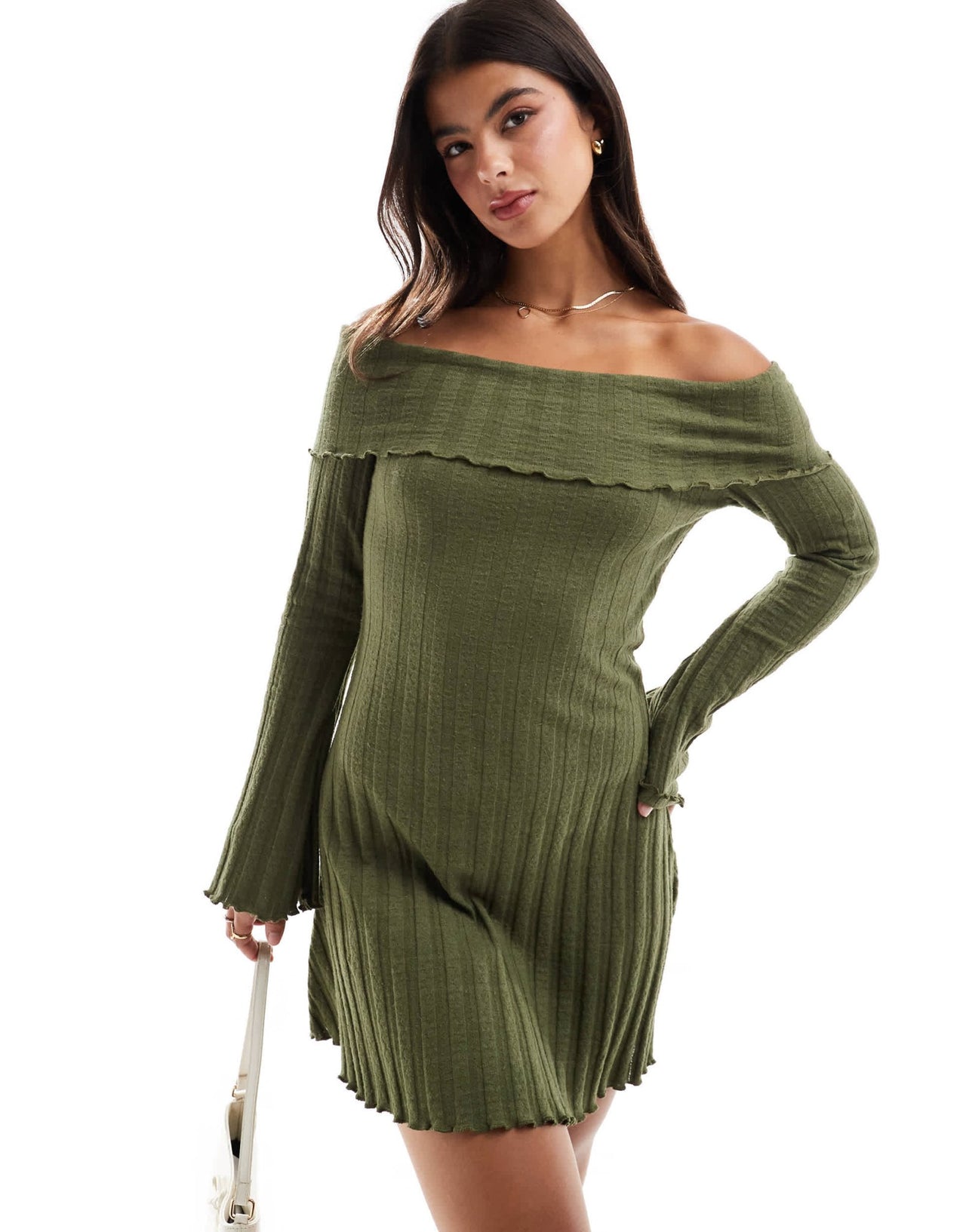 Pieces off the shoulder ribbed mini dress with lettuce edge detail in khaki - ASOS Sample Sale EU Store