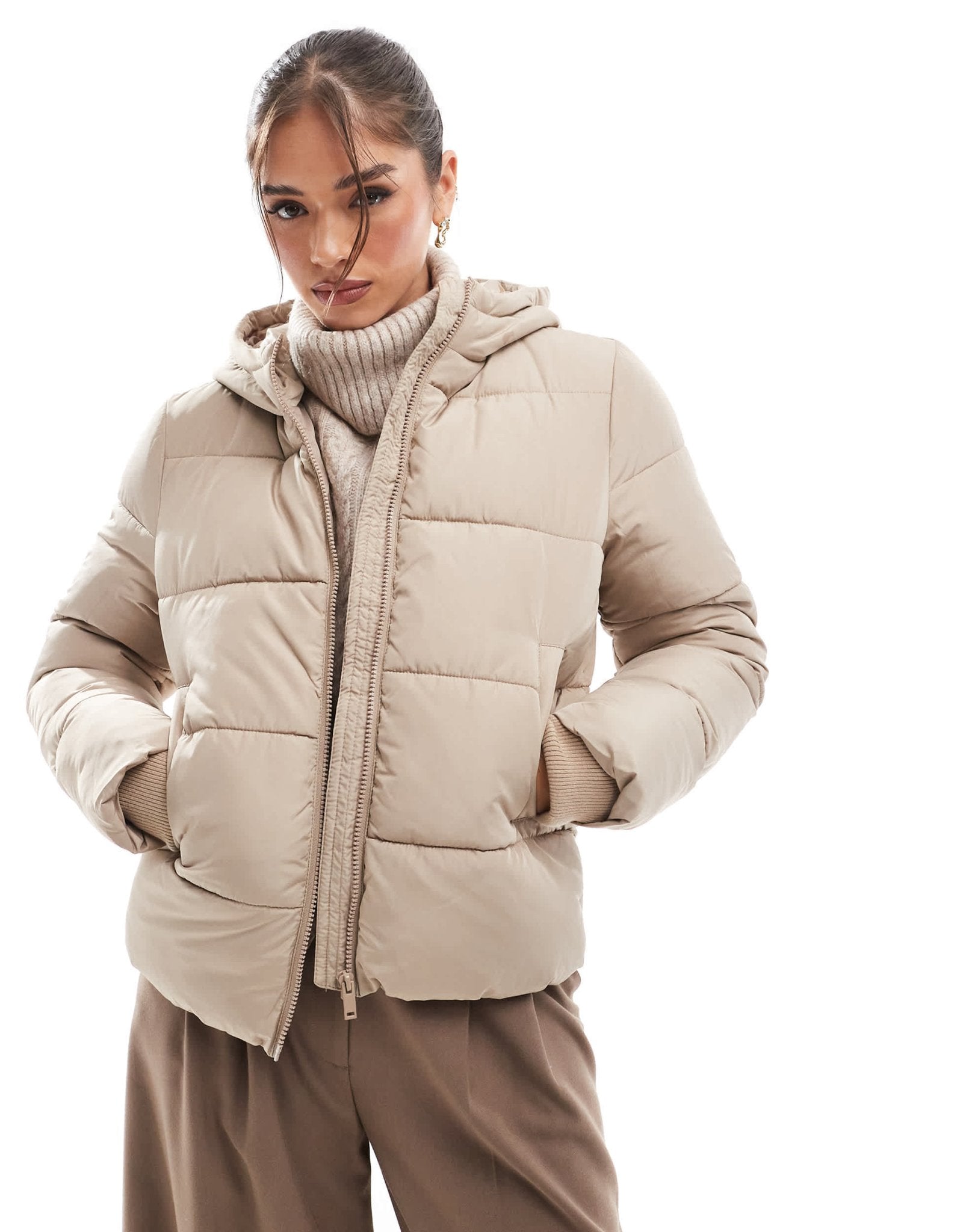 Pieces padded coat with hood in soft beige - ASOS Sample Sale EU Store