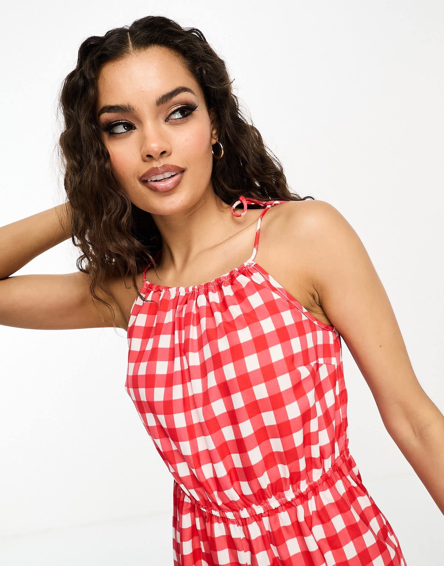 Pieces Petite tie sleeve playsuit in red gingham - ASOS Sample Sale EU Store