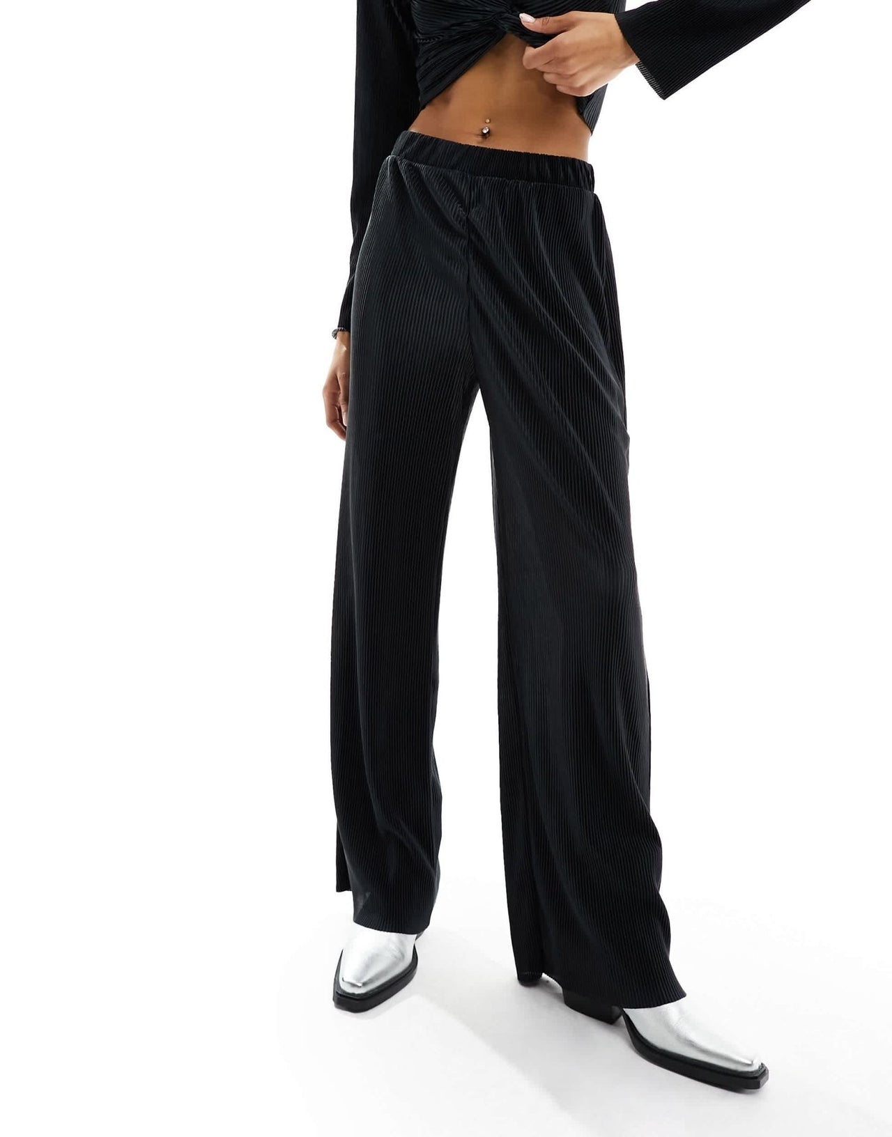 Pieces plisse high wasited wide leg trousers co - ord in black - ASOS Sample Sale EU Store
