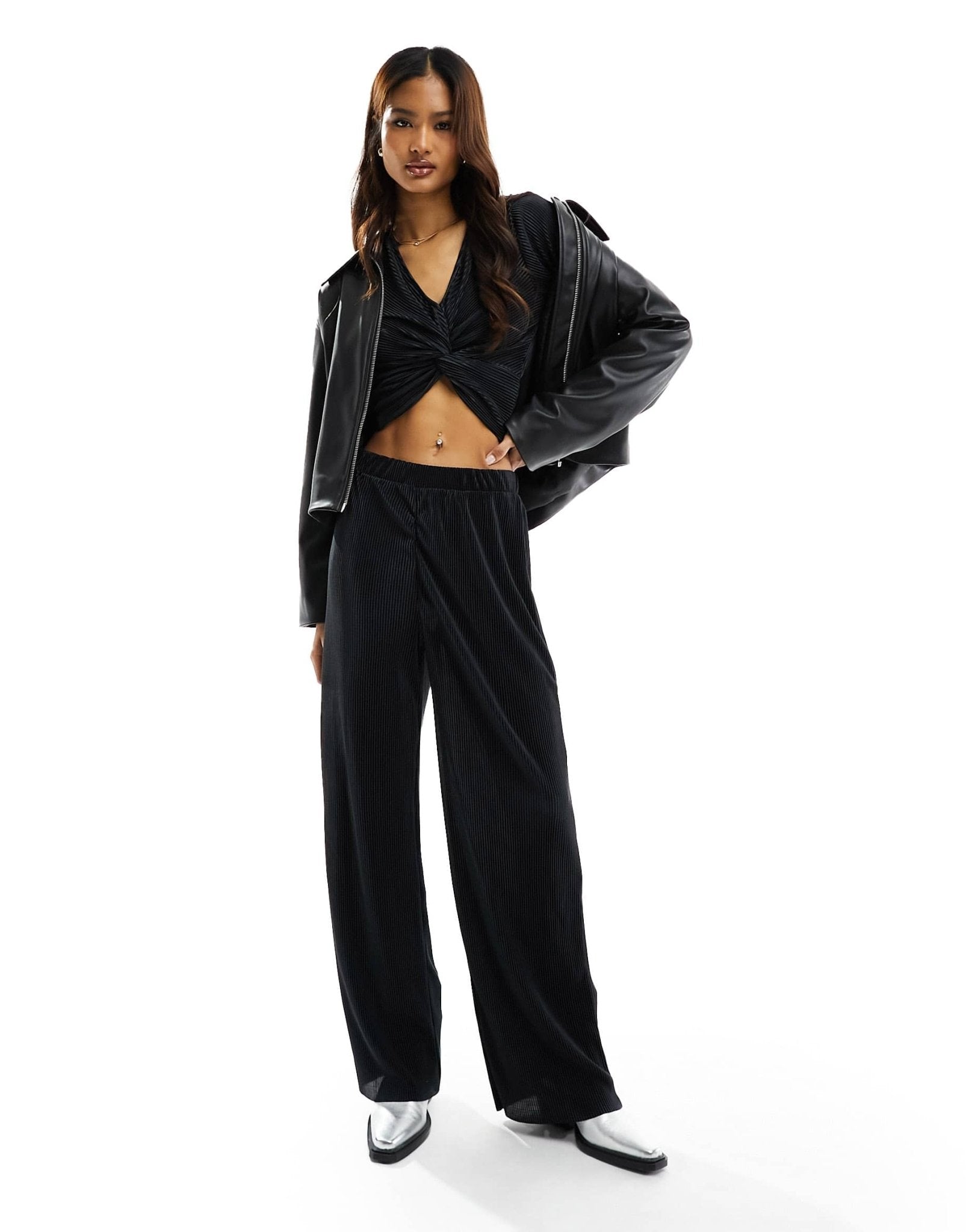 Pieces plisse high wasited wide leg trousers co - ord in black - ASOS Sample Sale EU Store