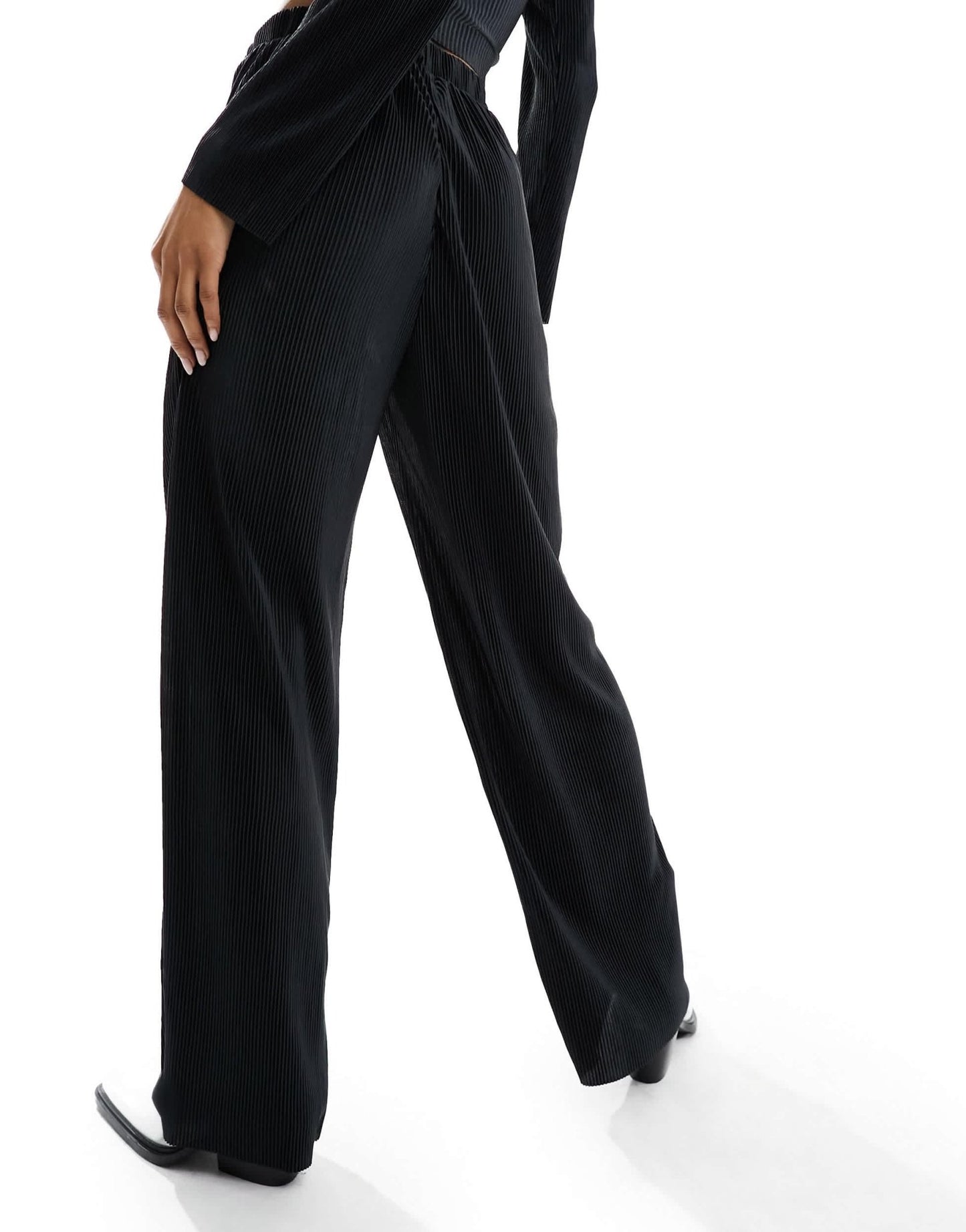 Pieces plisse high wasited wide leg trousers co - ord in black - ASOS Sample Sale EU Store