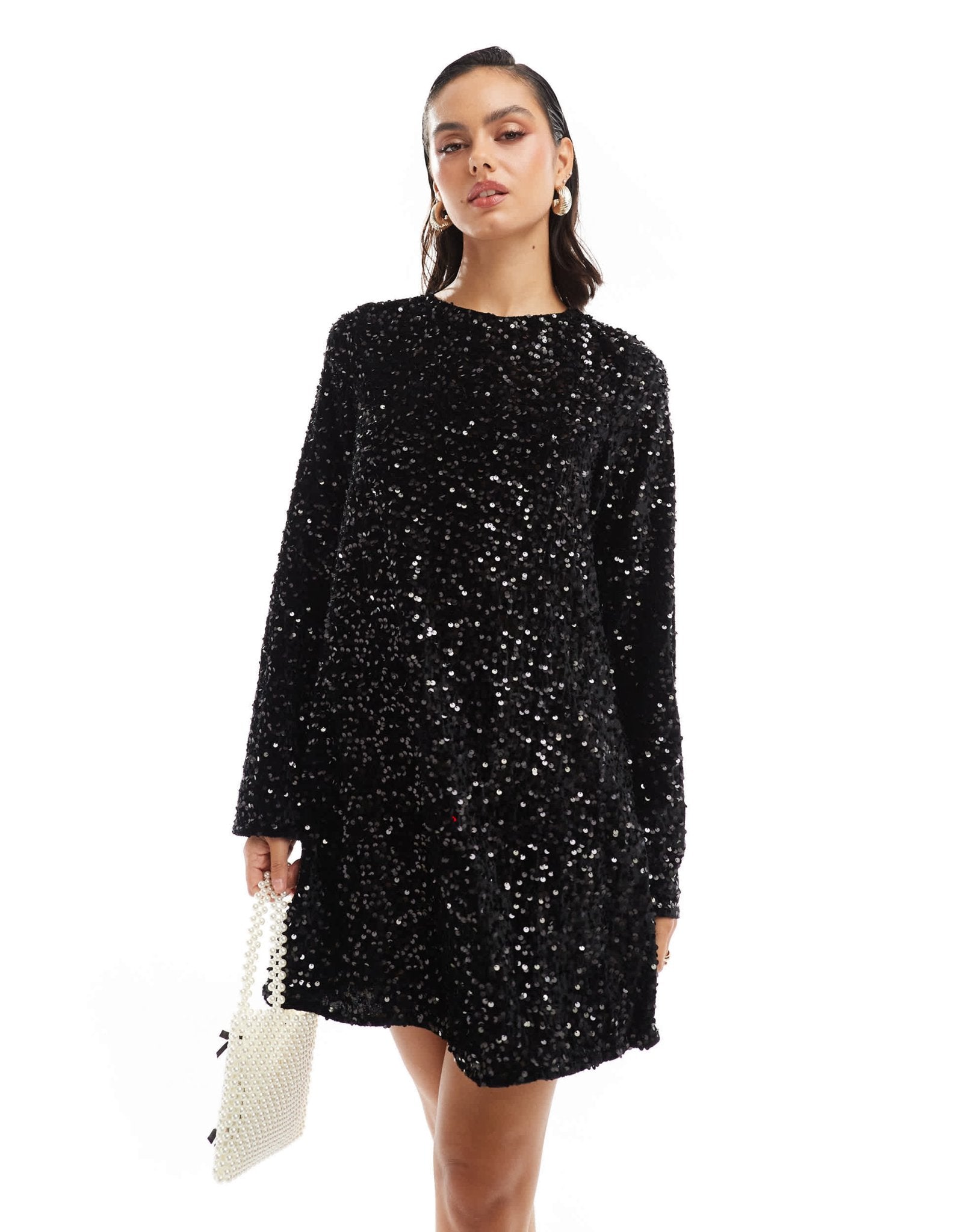 Pieces sequin mini dress with ribbon bow back in black - ASOS Sample Sale EU Store