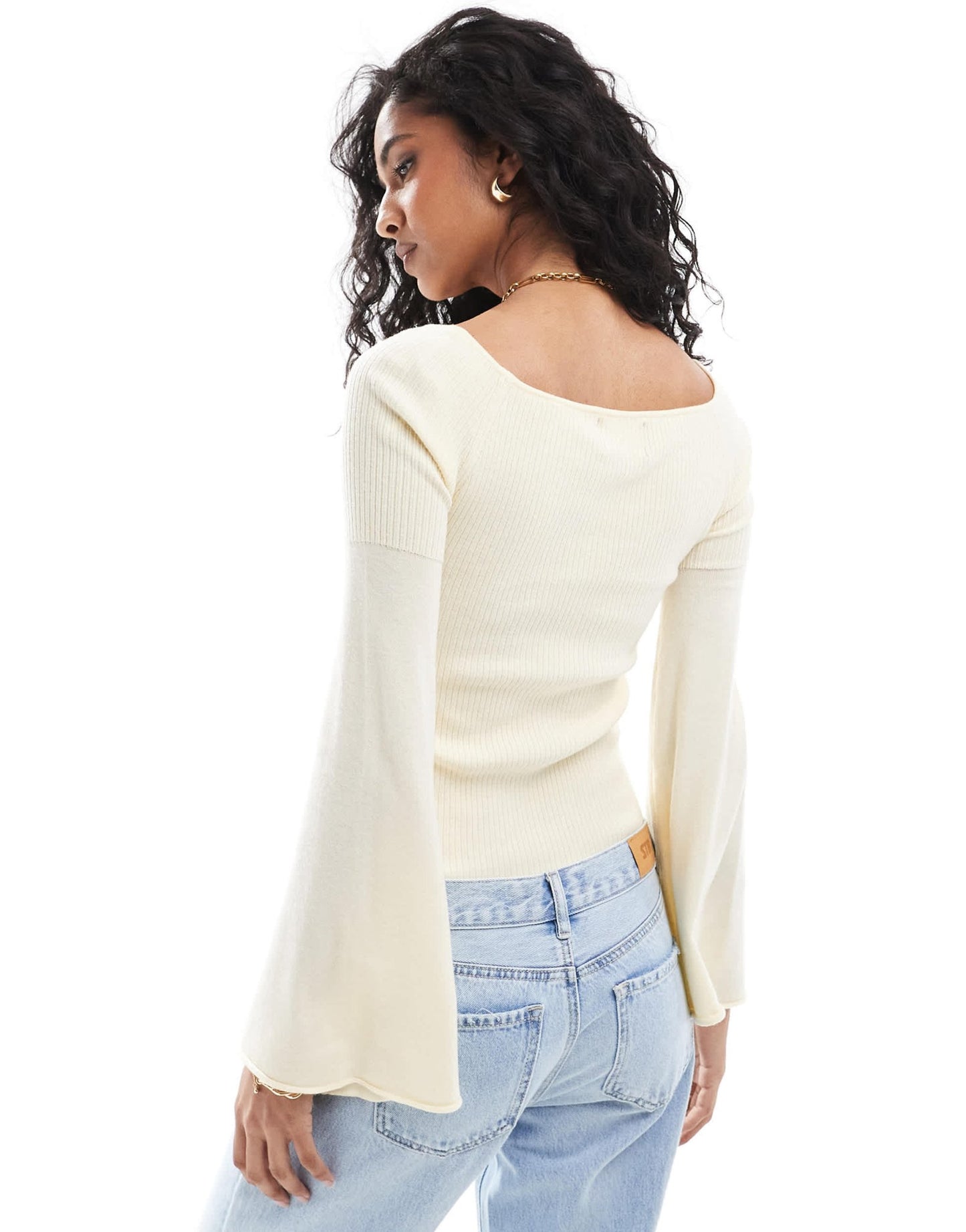 Pieces structured rib knit top with flared sleeve in cream - ASOS Sample Sale EU Store