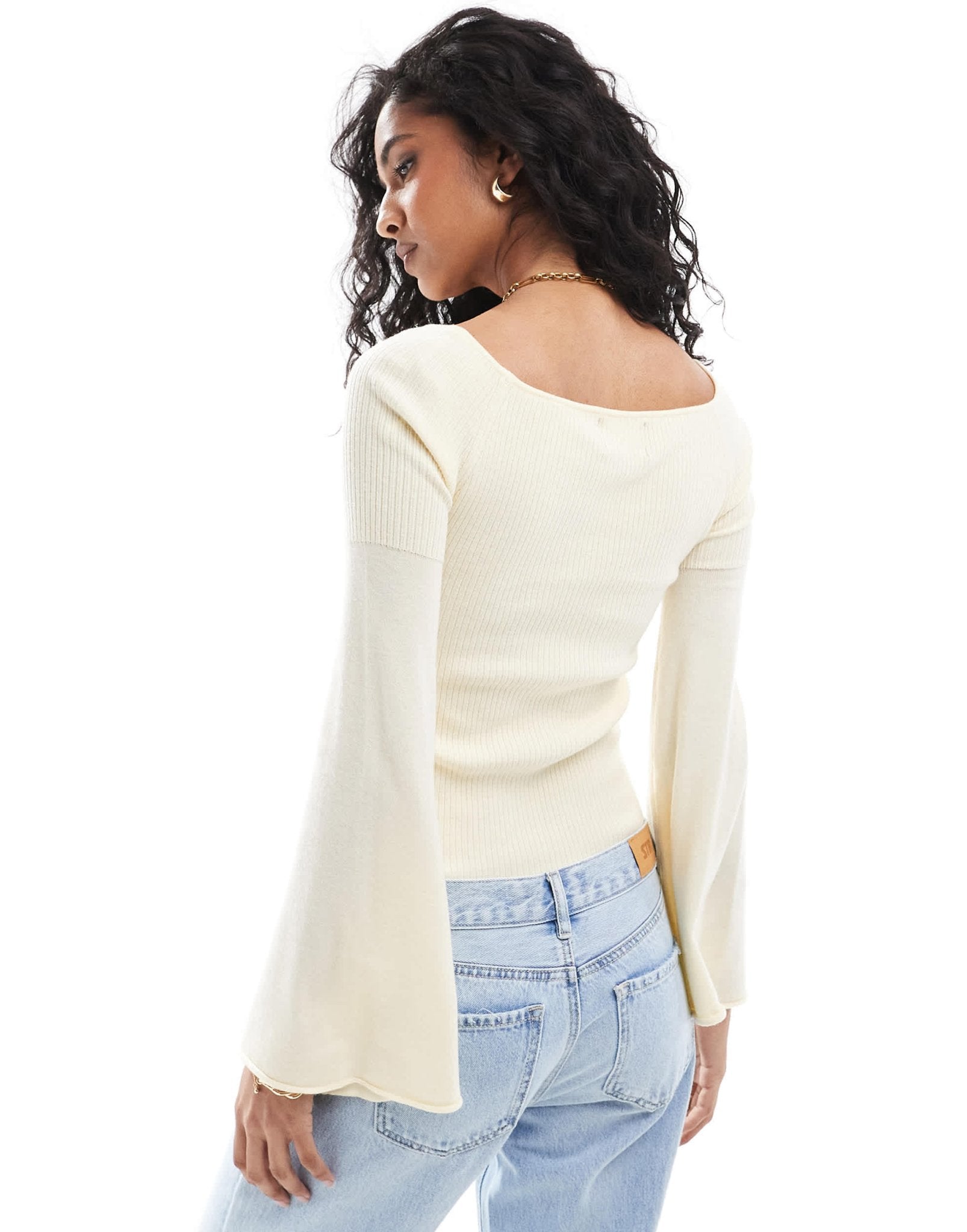 Pieces structured rib knit top with flared sleeve in cream - ASOS Sample Sale EU Store