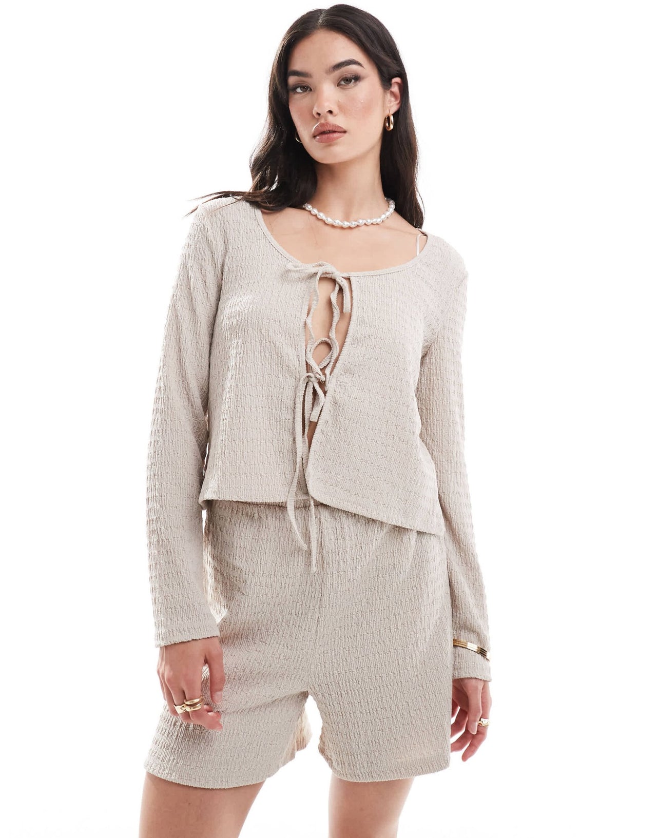 Pieces textured short co - ord in stone - ASOS Sample Sale EU Store