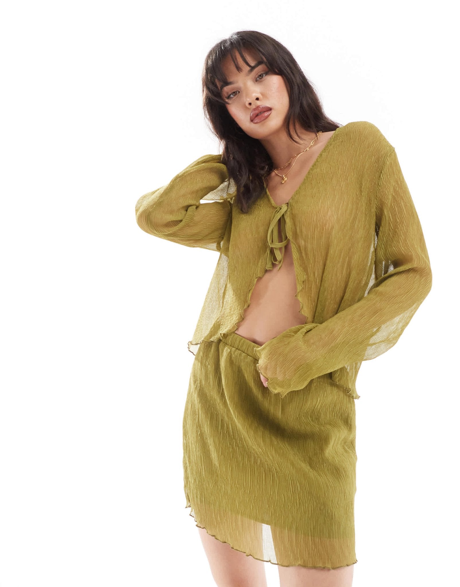 Pieces woven sheer plisse mini skirt co - ord in green - ASOS Sample Sale EU Store