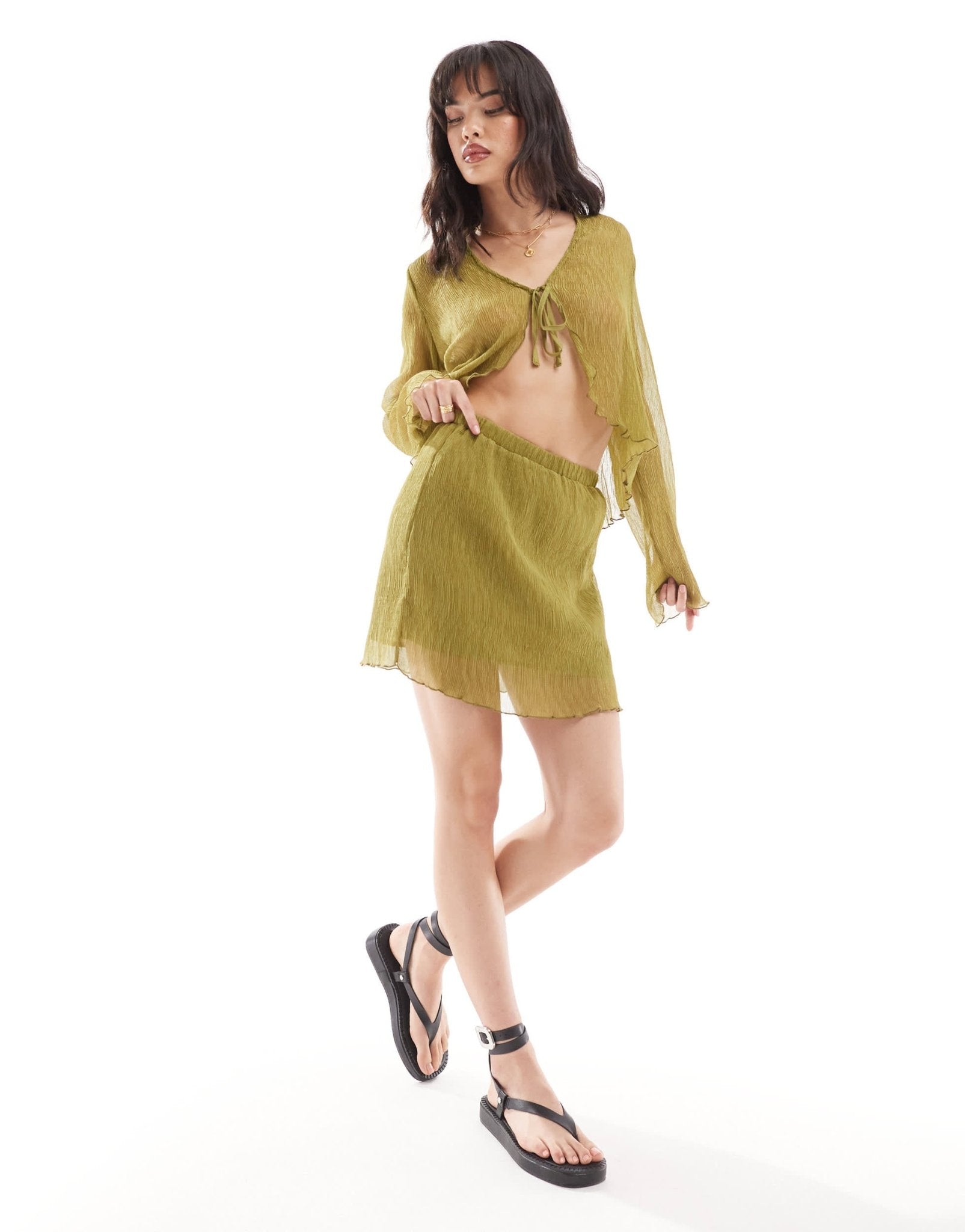 Pieces woven sheer plisse mini skirt co - ord in green - ASOS Sample Sale EU Store