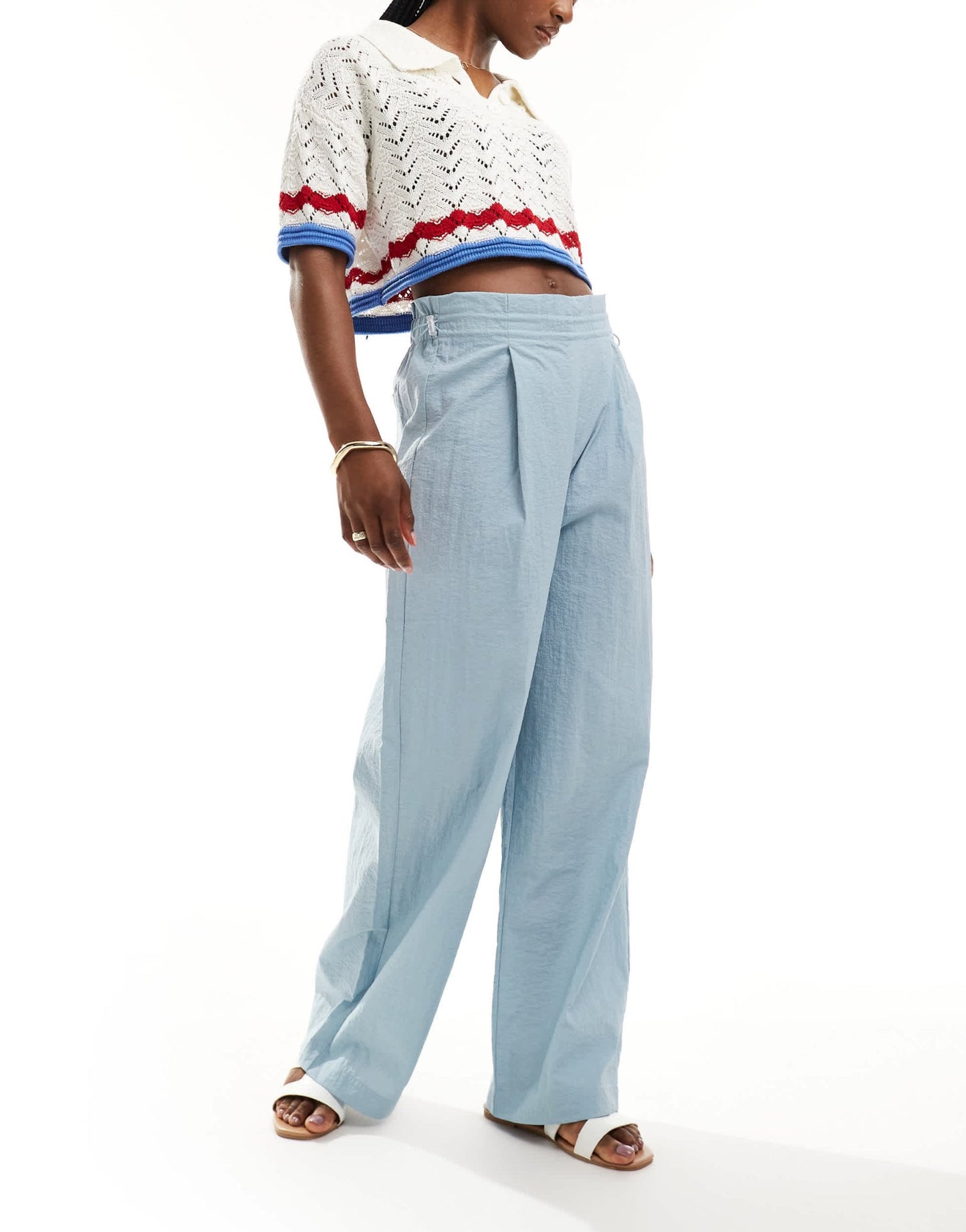 Pimkie drawstring paperbag waist wide leg trousers in baby blue - ASOS Sample Sale EU Store
