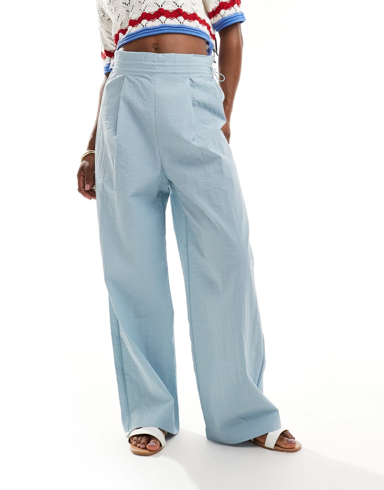 Pimkie drawstring paperbag waist wide leg trousers in baby blue - ASOS Sample Sale EU Store