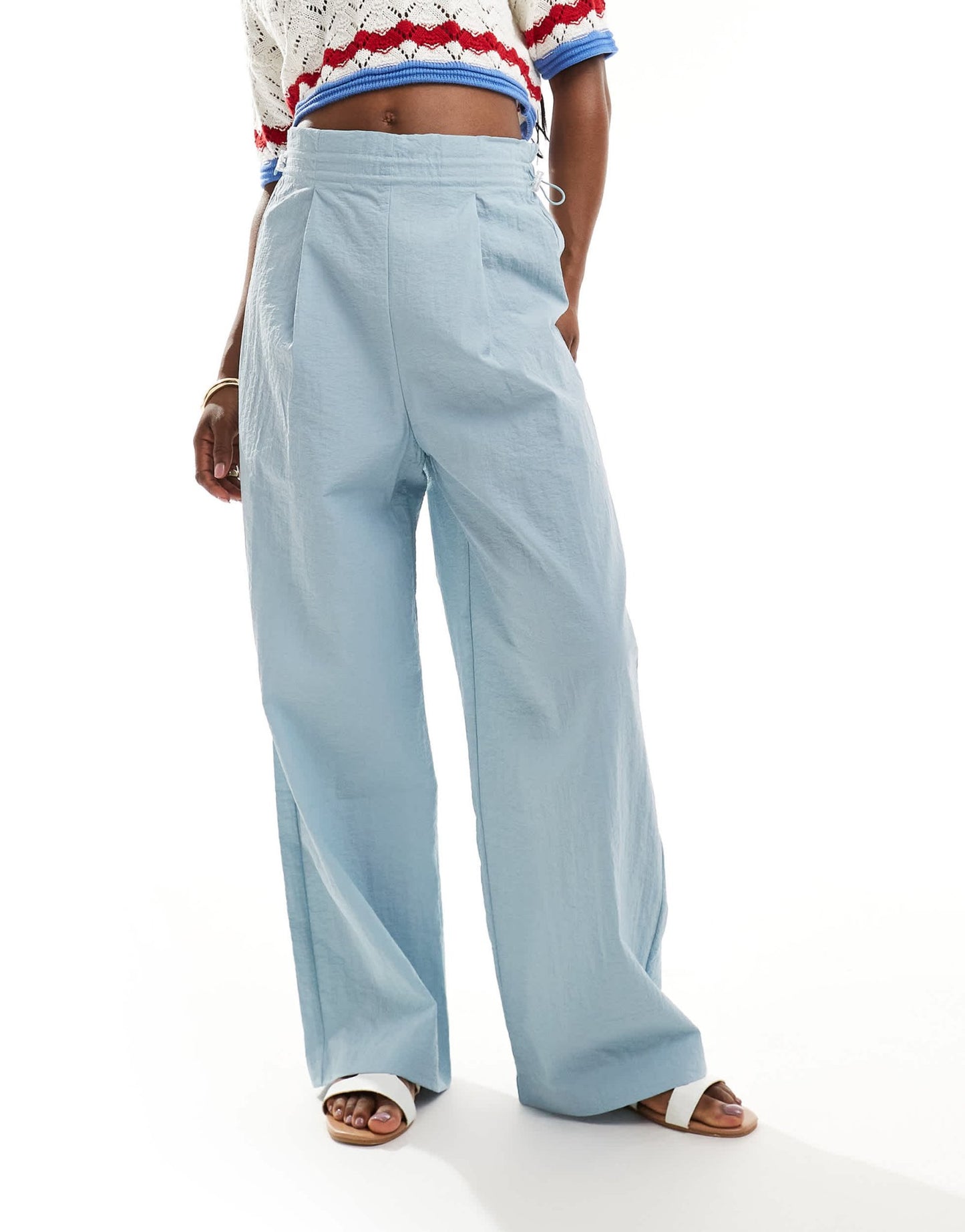 Pimkie drawstring paperbag waist wide leg trousers in baby blue - ASOS Sample Sale EU Store