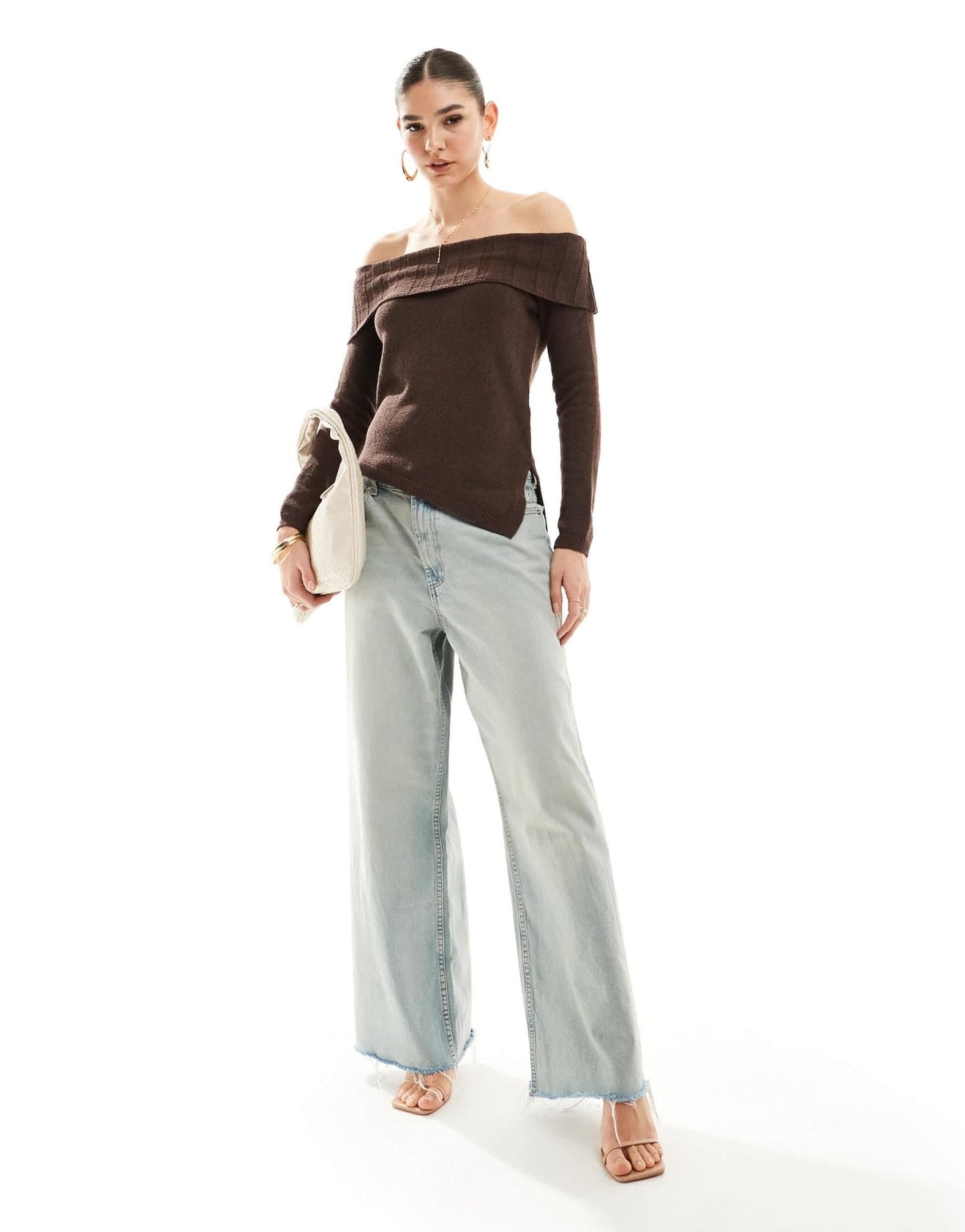 Pimkie knit fold detail asymmetric neckline top in brown - ASOS Sample Sale EU Store