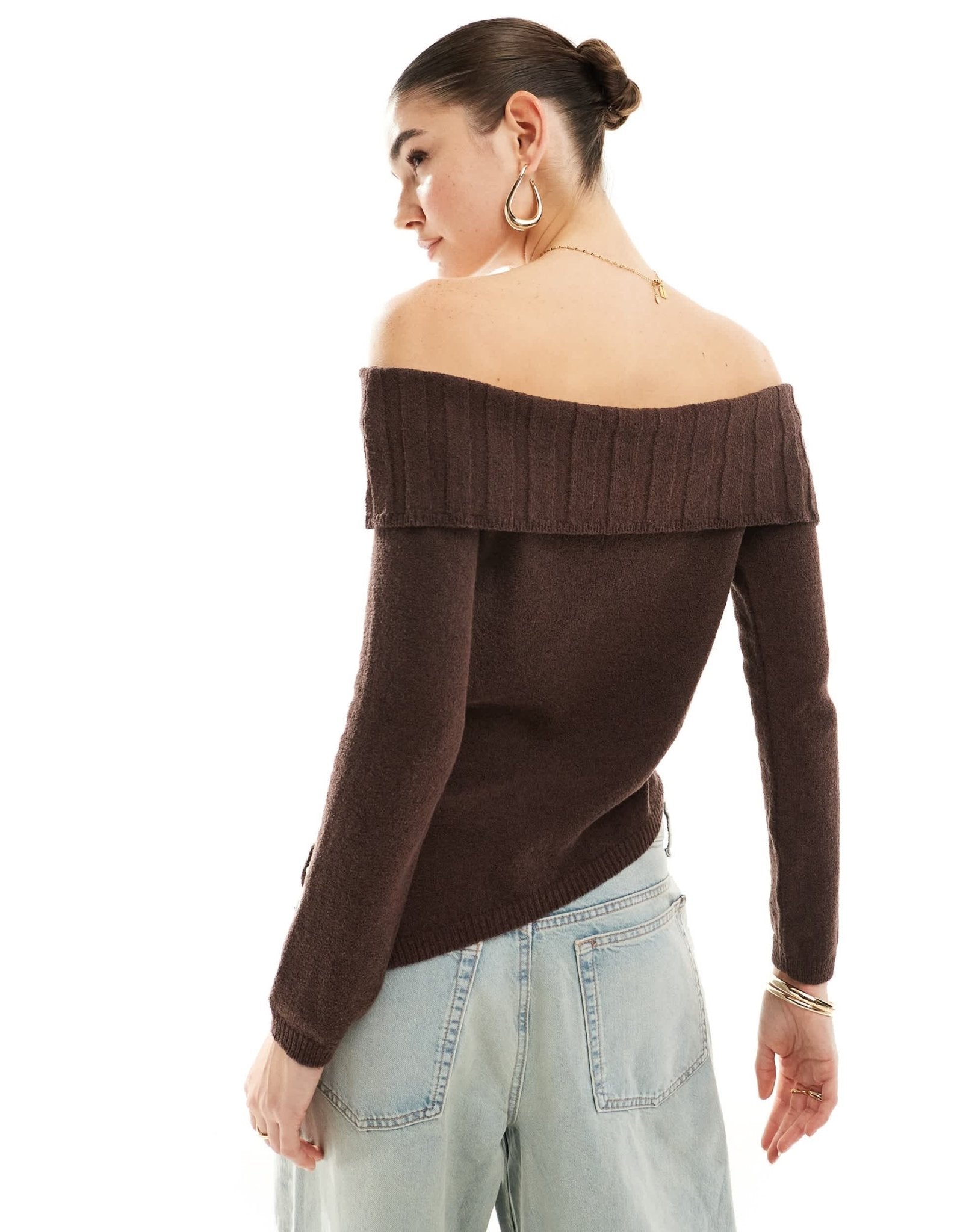 Pimkie knit fold detail asymmetric neckline top in brown - ASOS Sample Sale EU Store