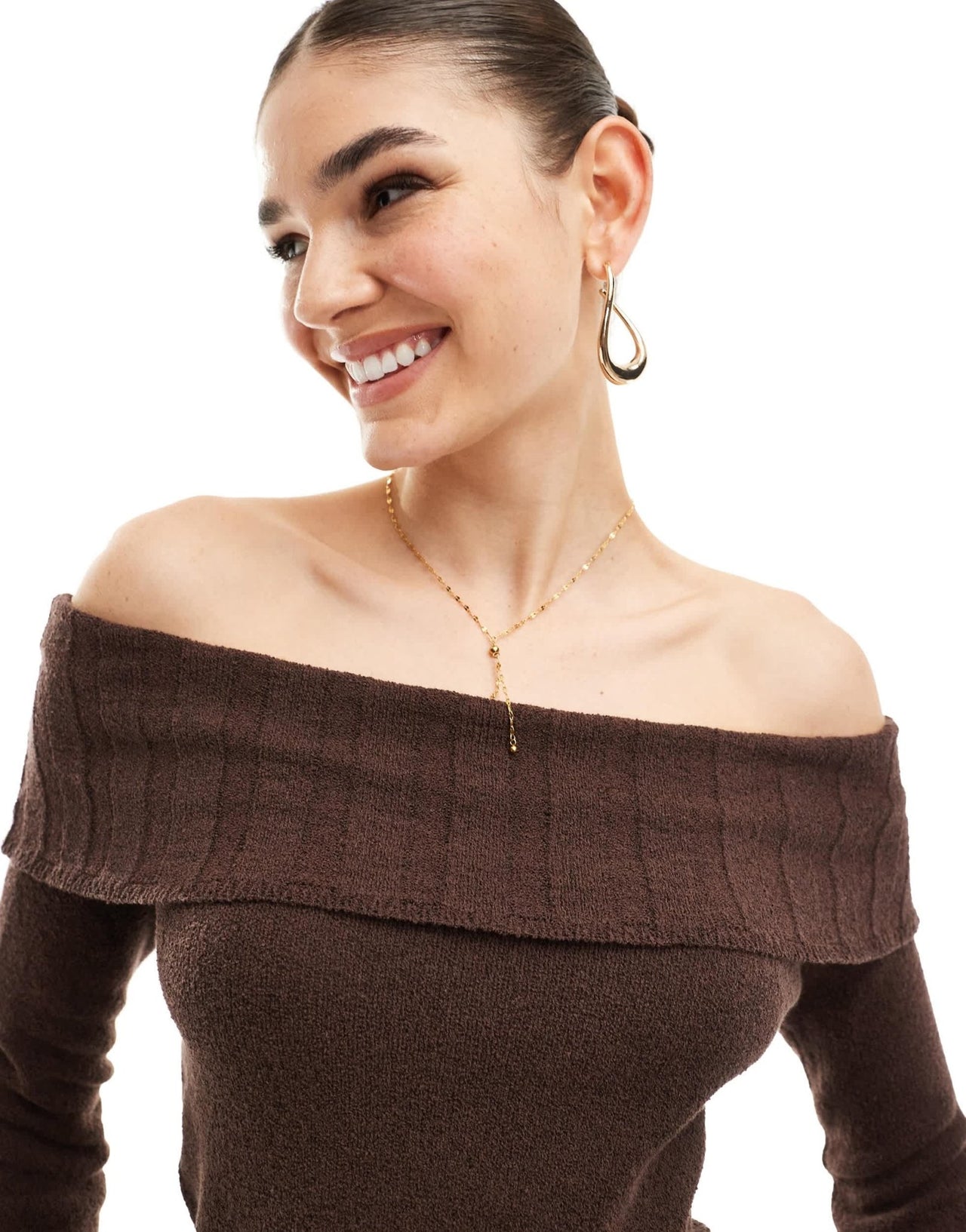 Pimkie knit fold detail asymmetric neckline top in brown - ASOS Sample Sale EU Store