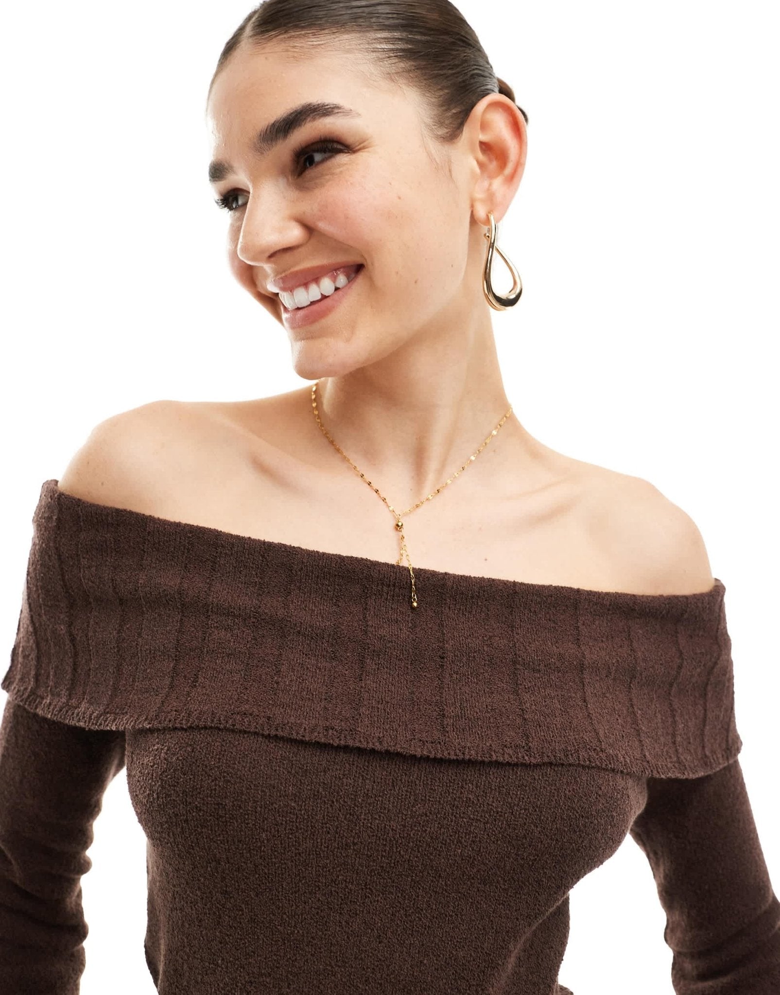 Pimkie knit fold detail asymmetric neckline top in brown - ASOS Sample Sale EU Store