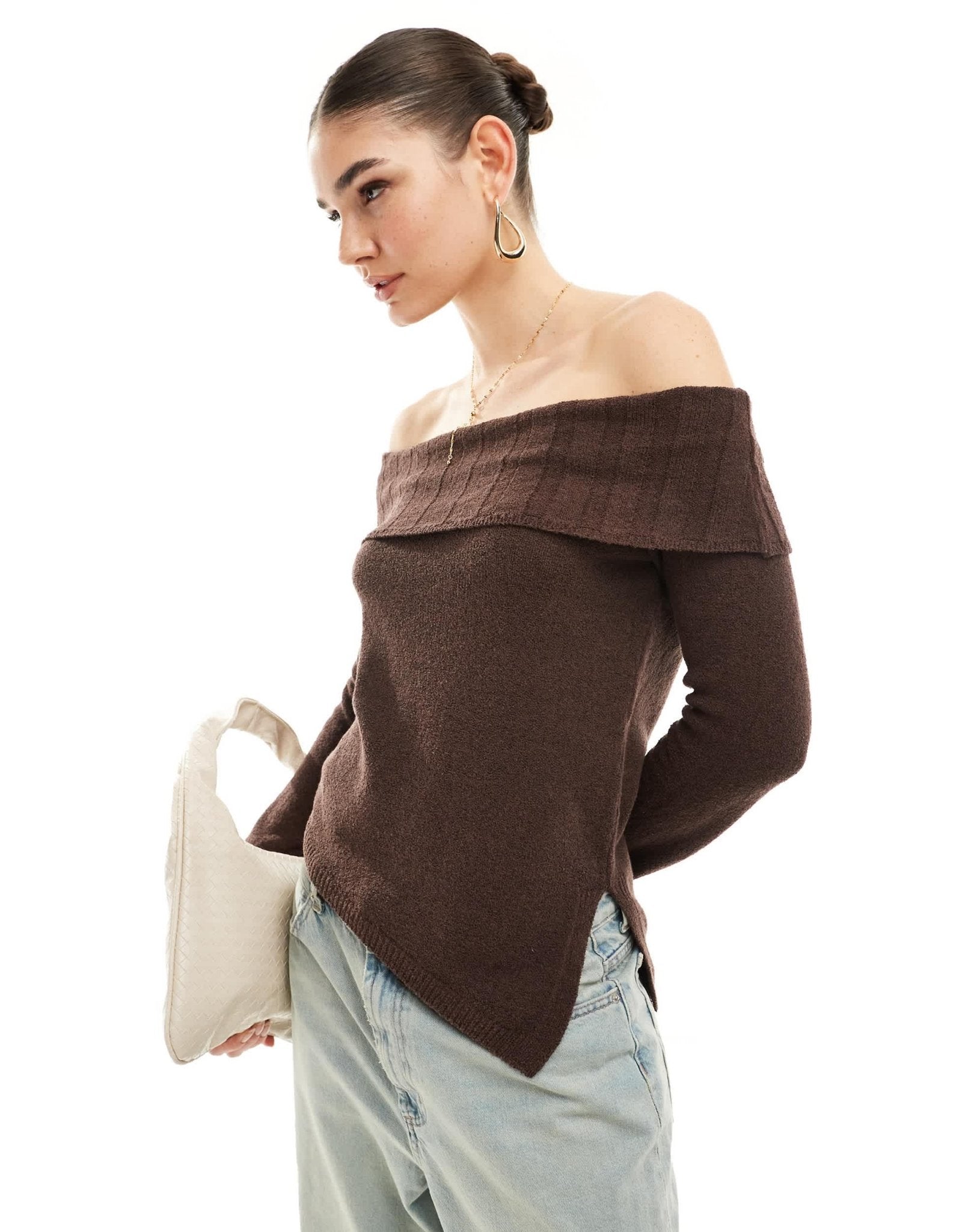 Pimkie knit fold detail asymmetric neckline top in brown - ASOS Sample Sale EU Store