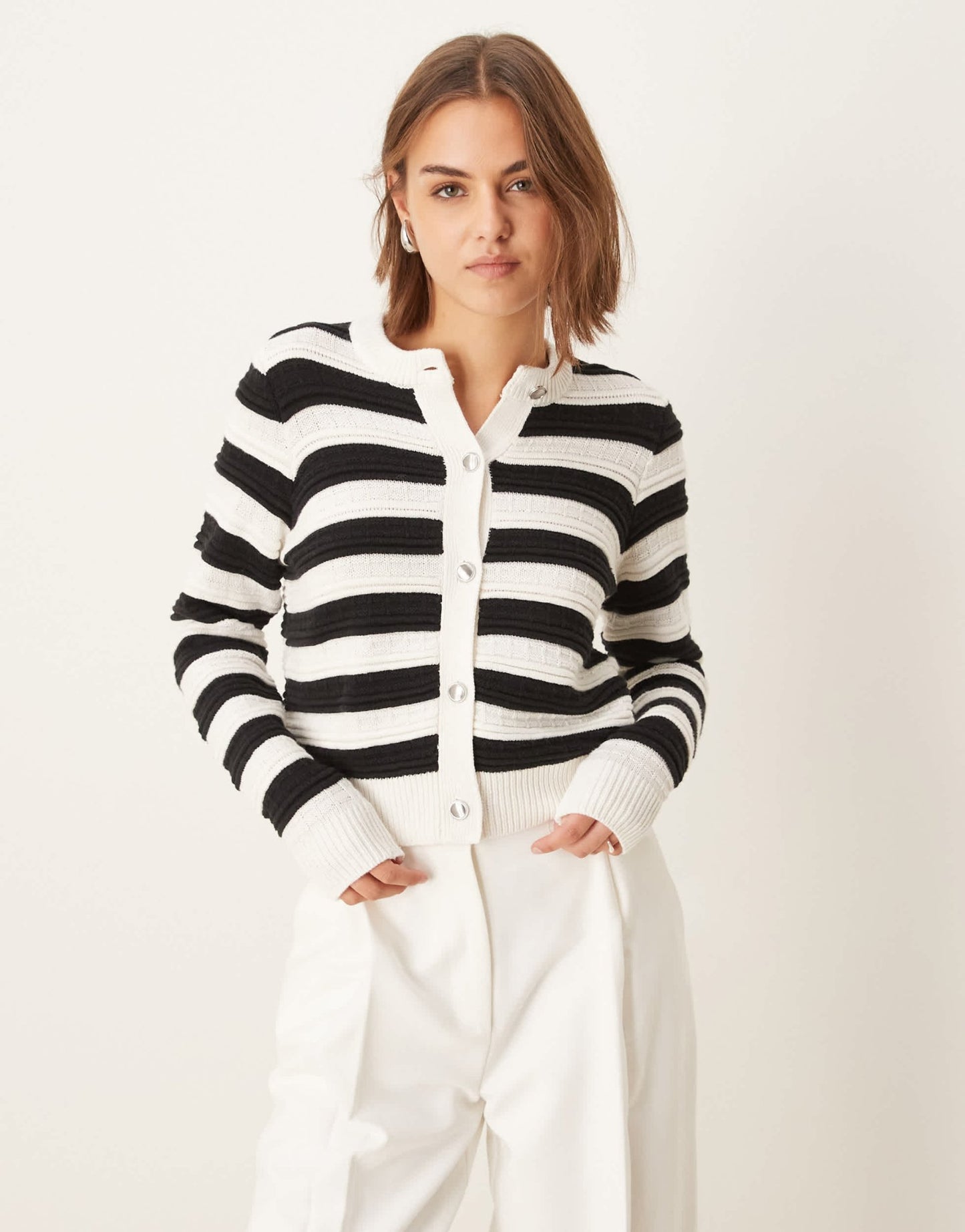 Pimkie knitted button through cardigan in black and white stripe - ASOS Sample Sale EU Store