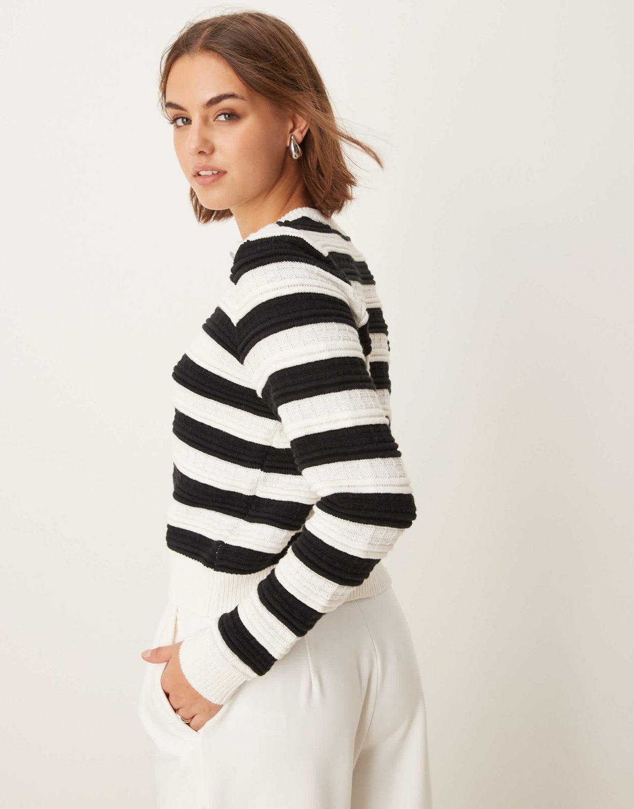 Pimkie knitted button through cardigan in black and white stripe - ASOS Sample Sale EU Store