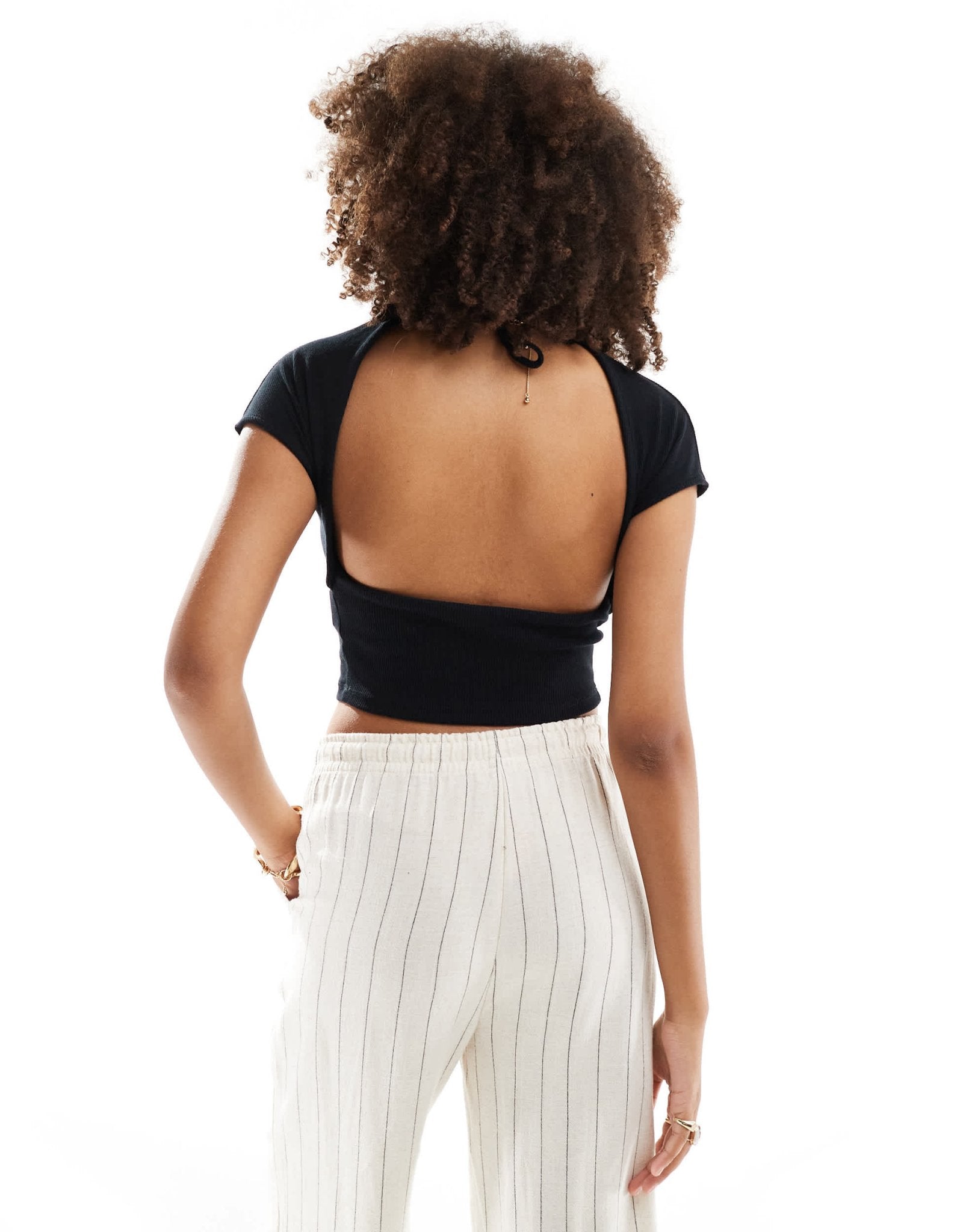 Pimkie ribbed low back tie detail short sleeve top in black - ASOS Sample Sale EU Store